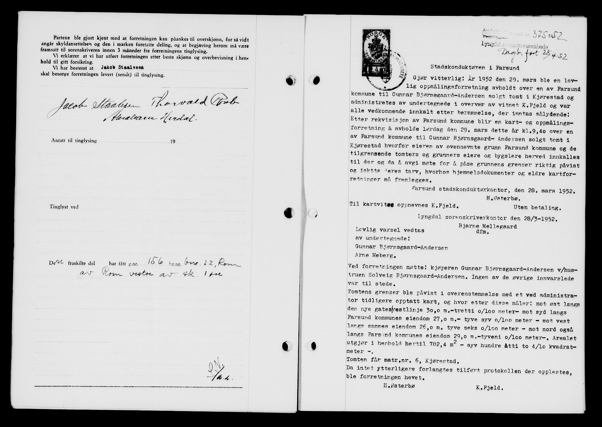 Lyngdal sorenskriveri, AV/SAK-1221-0004/G/Gb/L0667: Mortgage book no. A XIII, 1951-1952, Diary no: : 375/1952