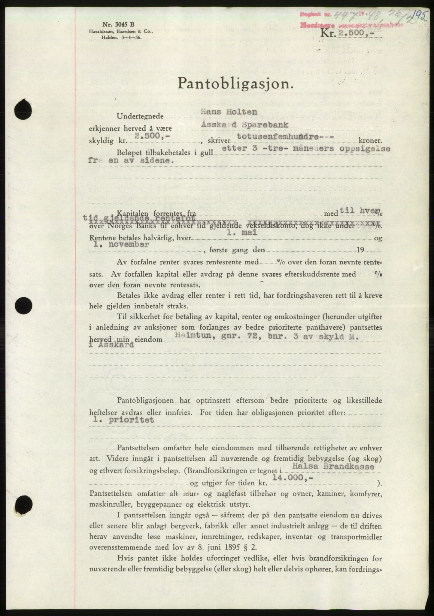 Nordmøre sorenskriveri, AV/SAT-A-4132/1/2/2Ca: Mortgage book no. B98, 1948-1948, Diary no: : 447/1948