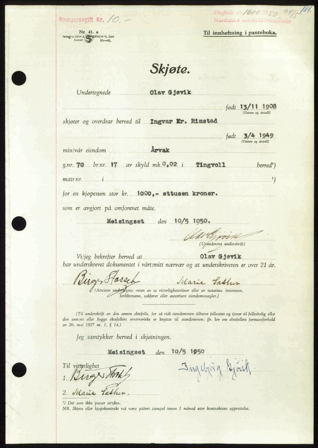 Nordmøre sorenskriveri, AV/SAT-A-4132/1/2/2Ca: Mortgage book no. A115, 1950-1950, Diary no: : 1600/1950