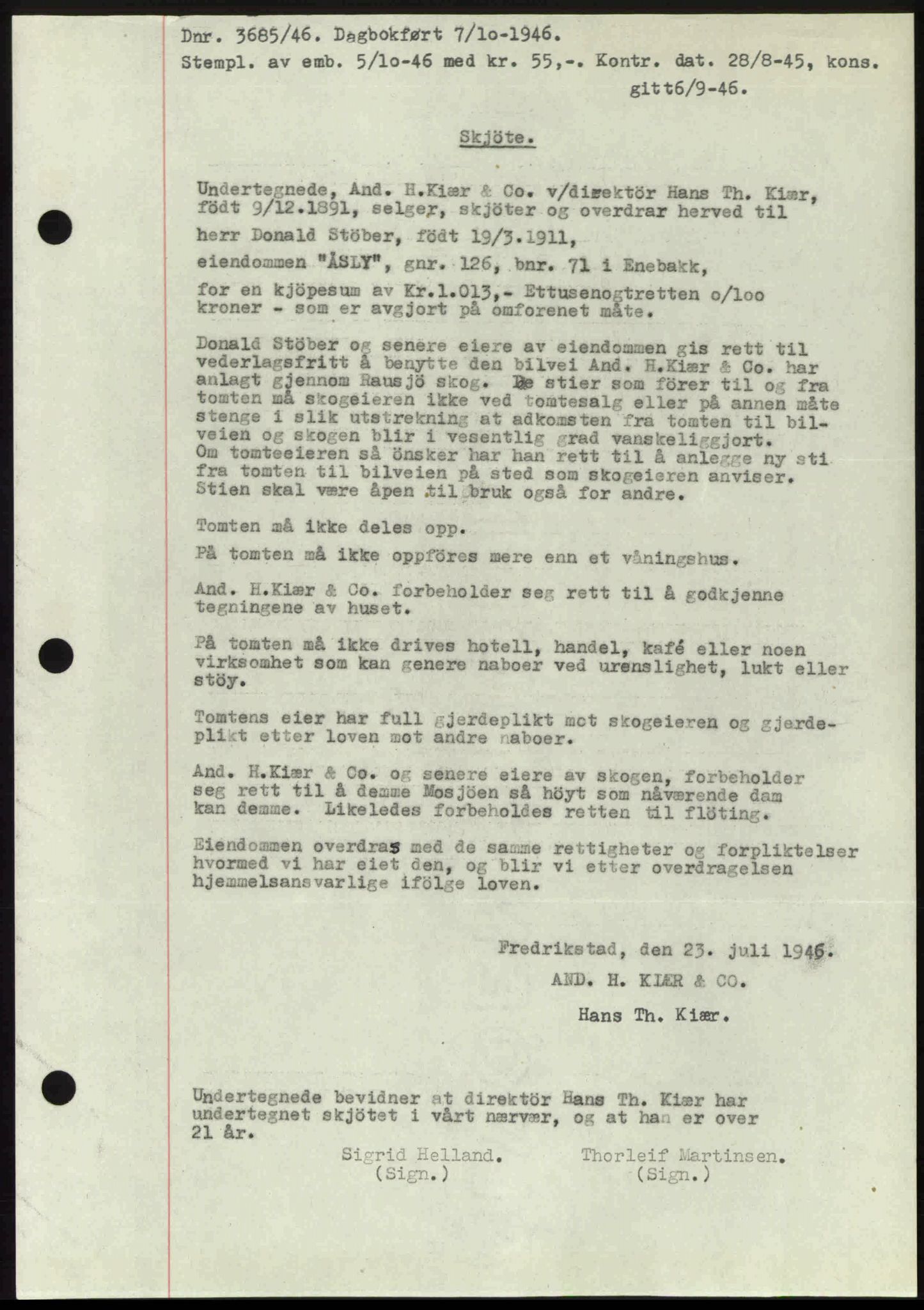 Nedre Romerike sorenskriveri, AV/SAO-A-10469/G/Gb/Gbd/L0017: Mortgage book no. 17, 1946-1946, Diary no: : 3685/1946
