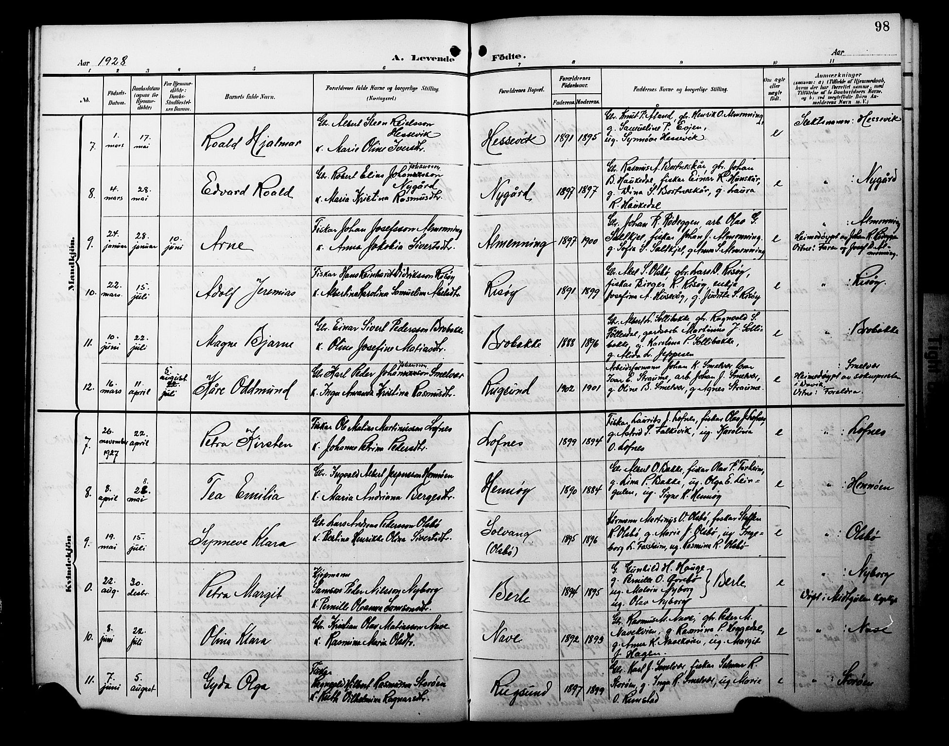Davik sokneprestembete, SAB/A-79701/H/Hab/Habc/L0003: Parish register (copy) no. C 3, 1907-1929, p. 98