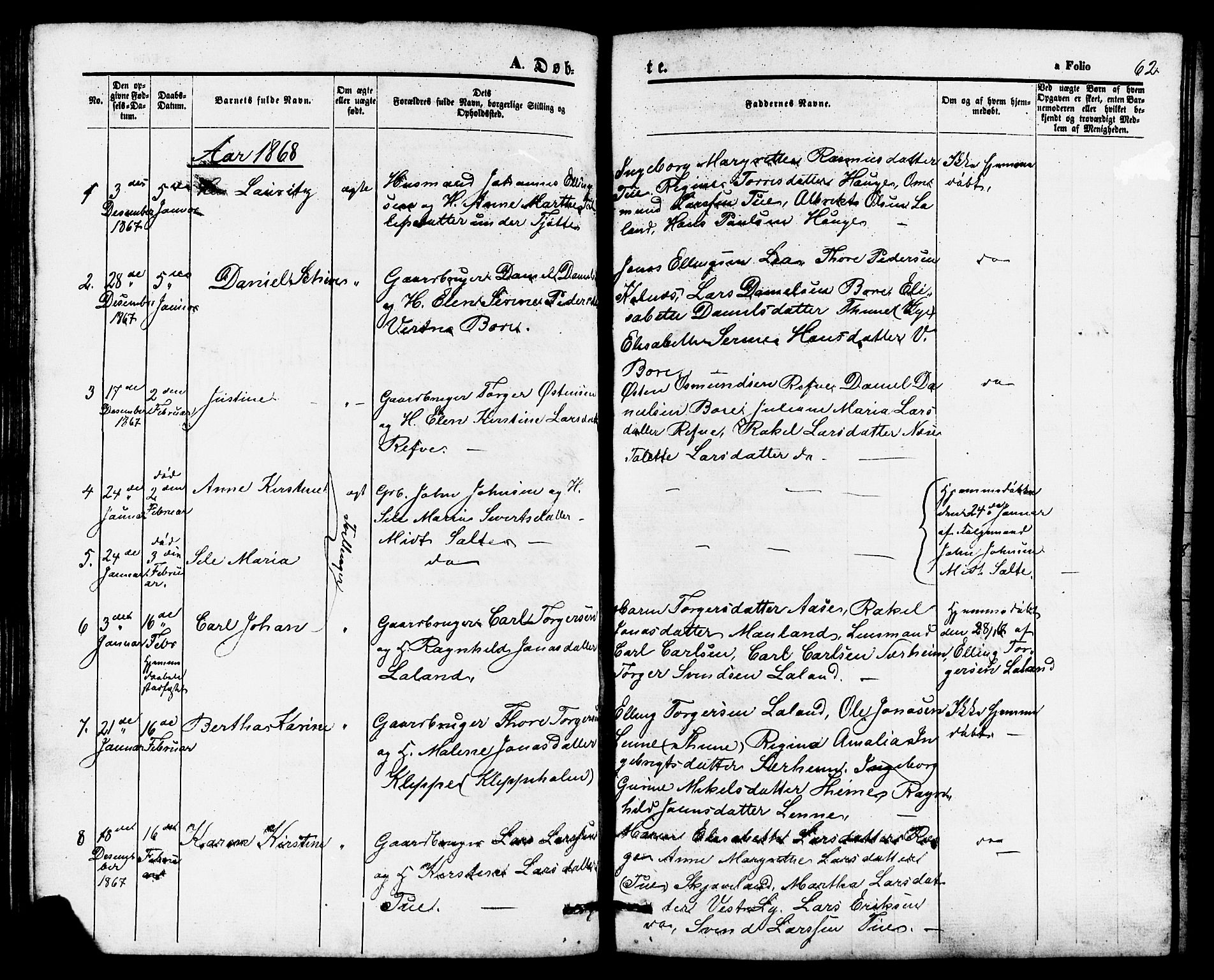 Klepp sokneprestkontor, AV/SAST-A-101803/001/3/30BB/L0002: Parish register (copy) no. B 2, 1860-1875, p. 62