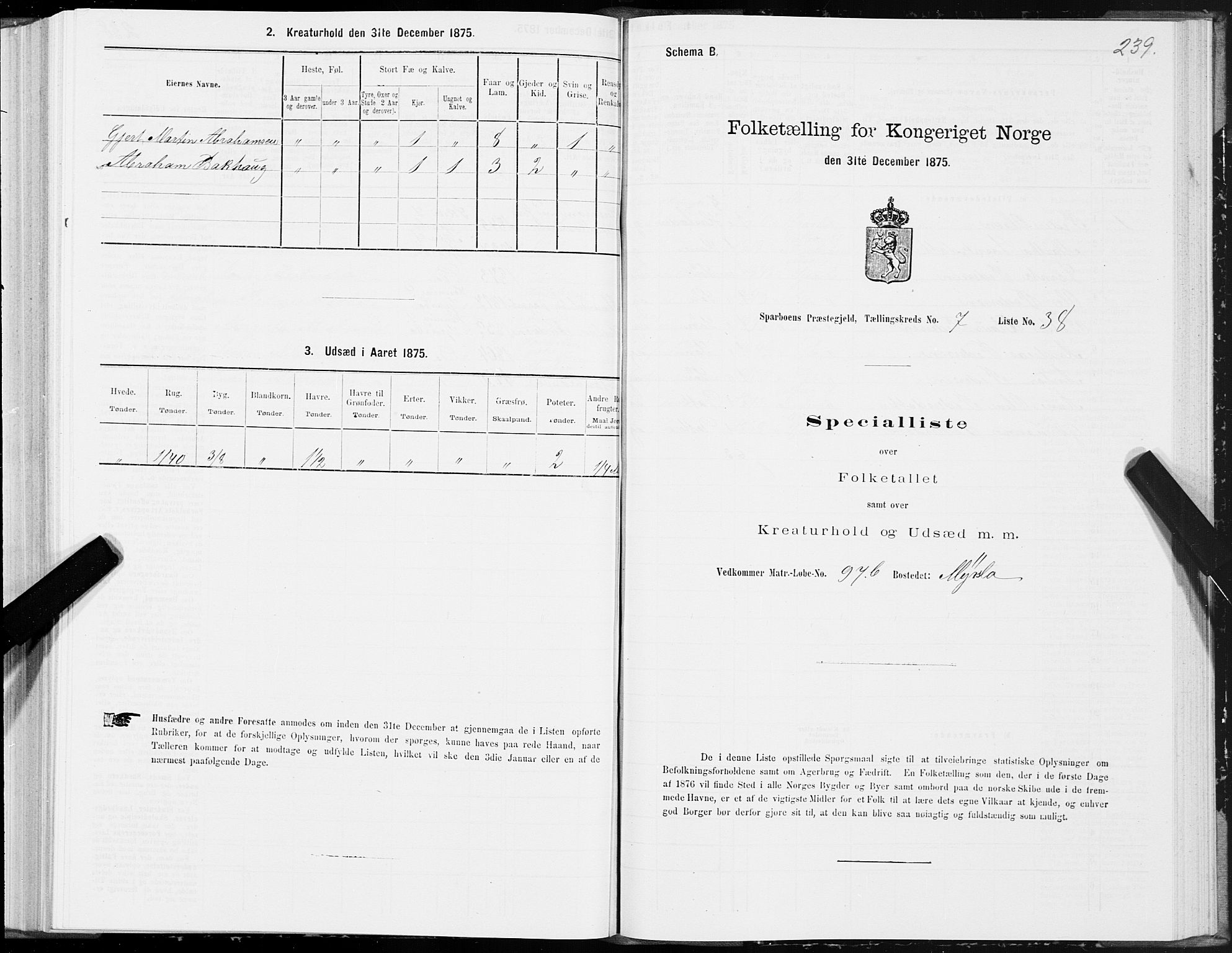 SAT, 1875 census for 1731P Sparbu, 1875, p. 3239