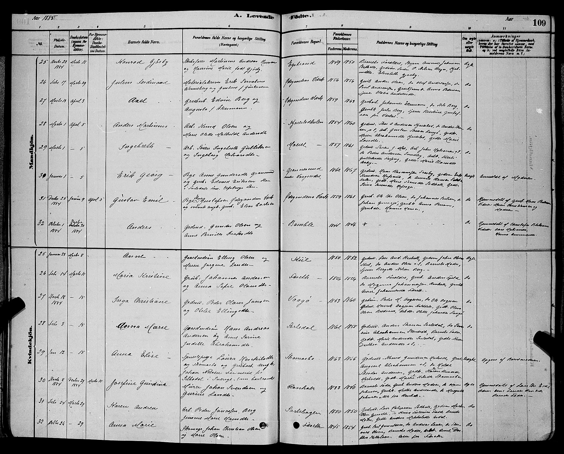 Bamble kirkebøker, SAKO/A-253/G/Ga/L0008: Parish register (copy) no. I 8, 1878-1888, p. 109