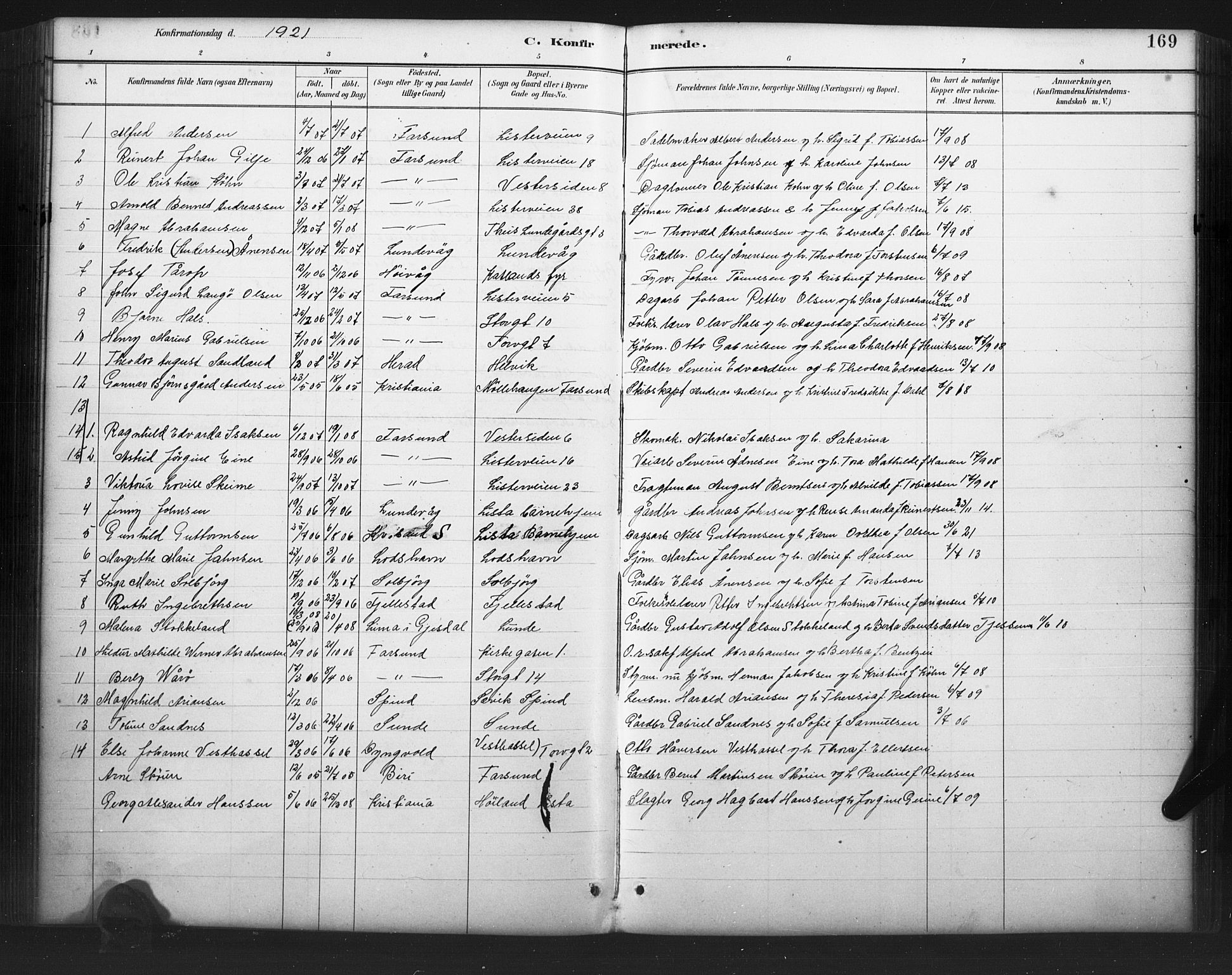 Farsund sokneprestkontor, AV/SAK-1111-0009/F/Fb/L0001: Parish register (copy) no. B 1, 1886-1931, p. 169