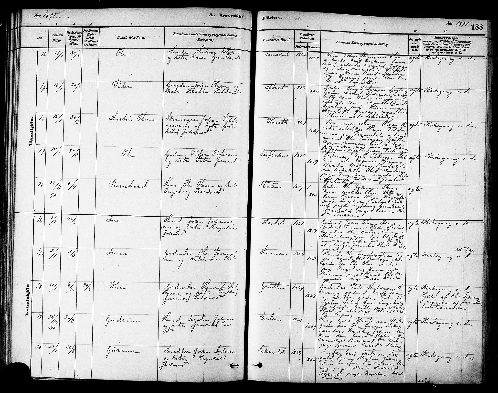 Ministerialprotokoller, klokkerbøker og fødselsregistre - Sør-Trøndelag, AV/SAT-A-1456/695/L1148: Parish register (official) no. 695A08, 1878-1891, p. 188