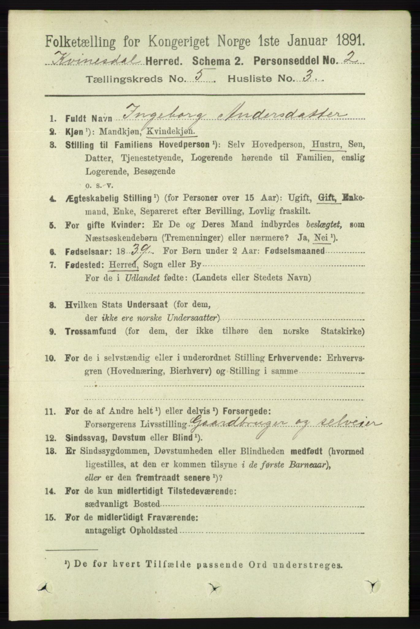 RA, 1891 census for 1037 Kvinesdal, 1891, p. 1713