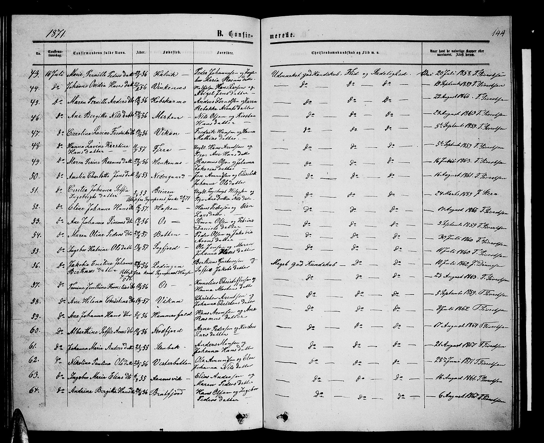 Ministerialprotokoller, klokkerbøker og fødselsregistre - Nordland, AV/SAT-A-1459/853/L0775: Parish register (copy) no. 853C03, 1859-1877, p. 144