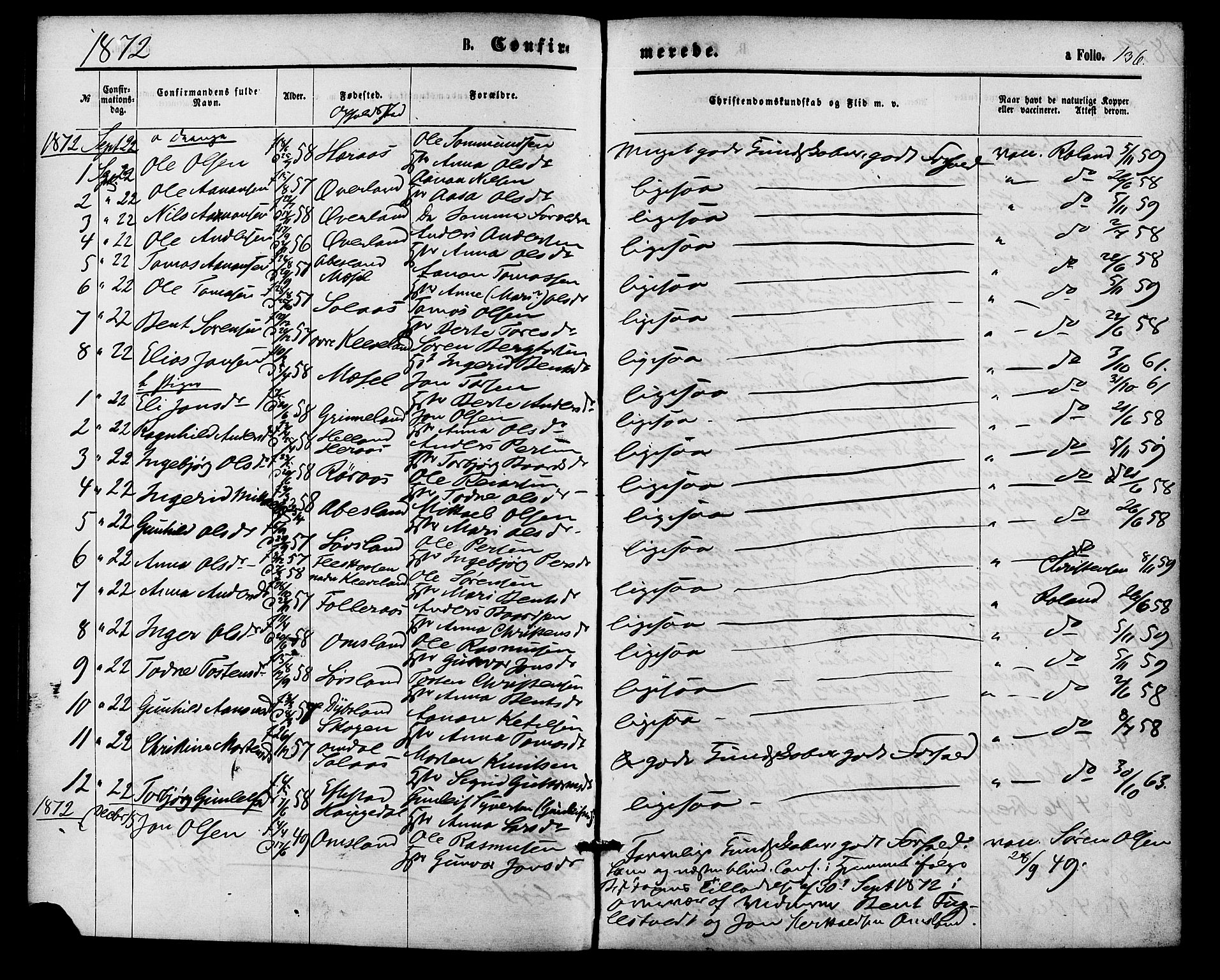 Bjelland sokneprestkontor, SAK/1111-0005/F/Fa/Fab/L0003: Parish register (official) no. A 3, 1870-1887, p. 136