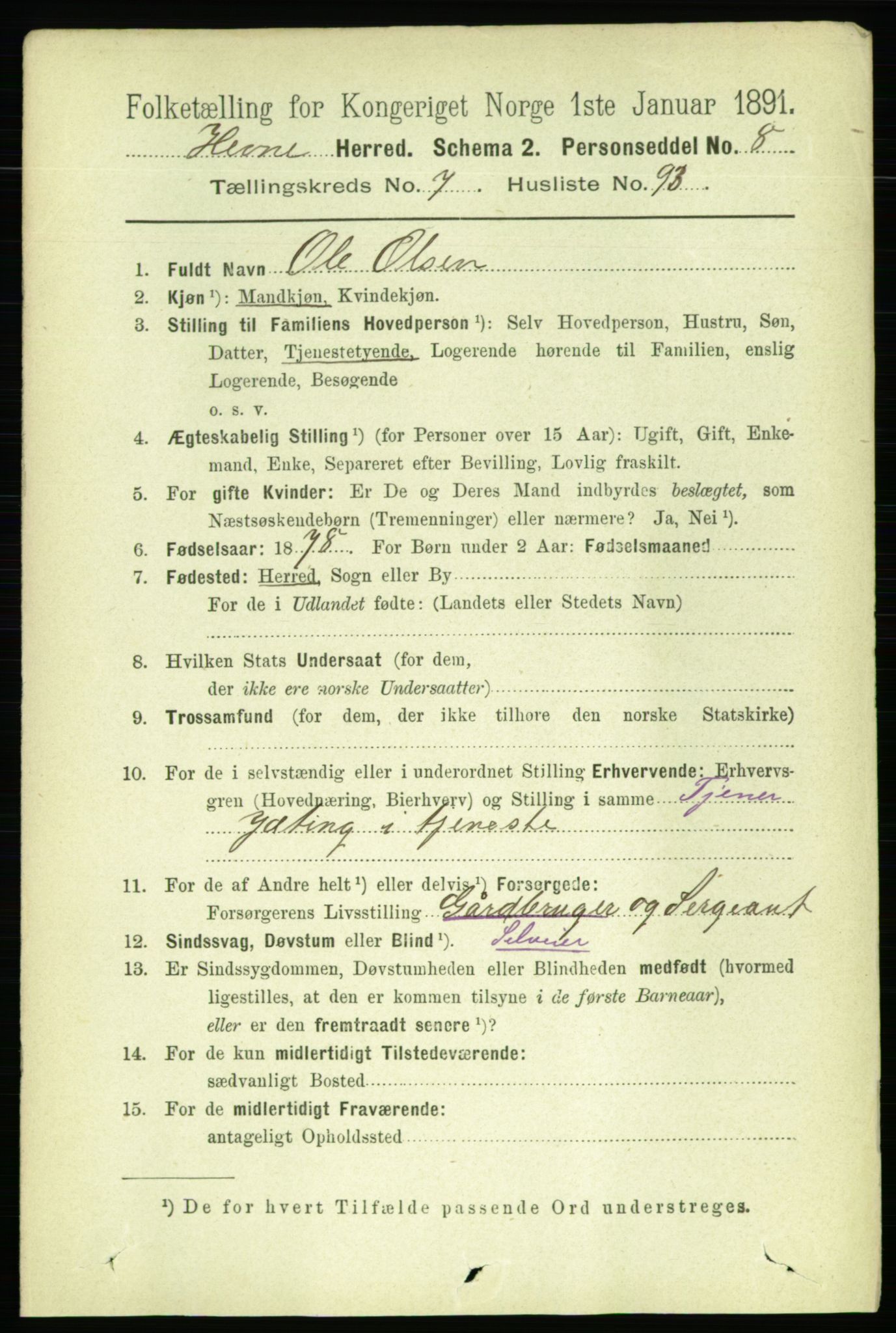 RA, 1891 census for 1612 Hemne, 1891, p. 4833