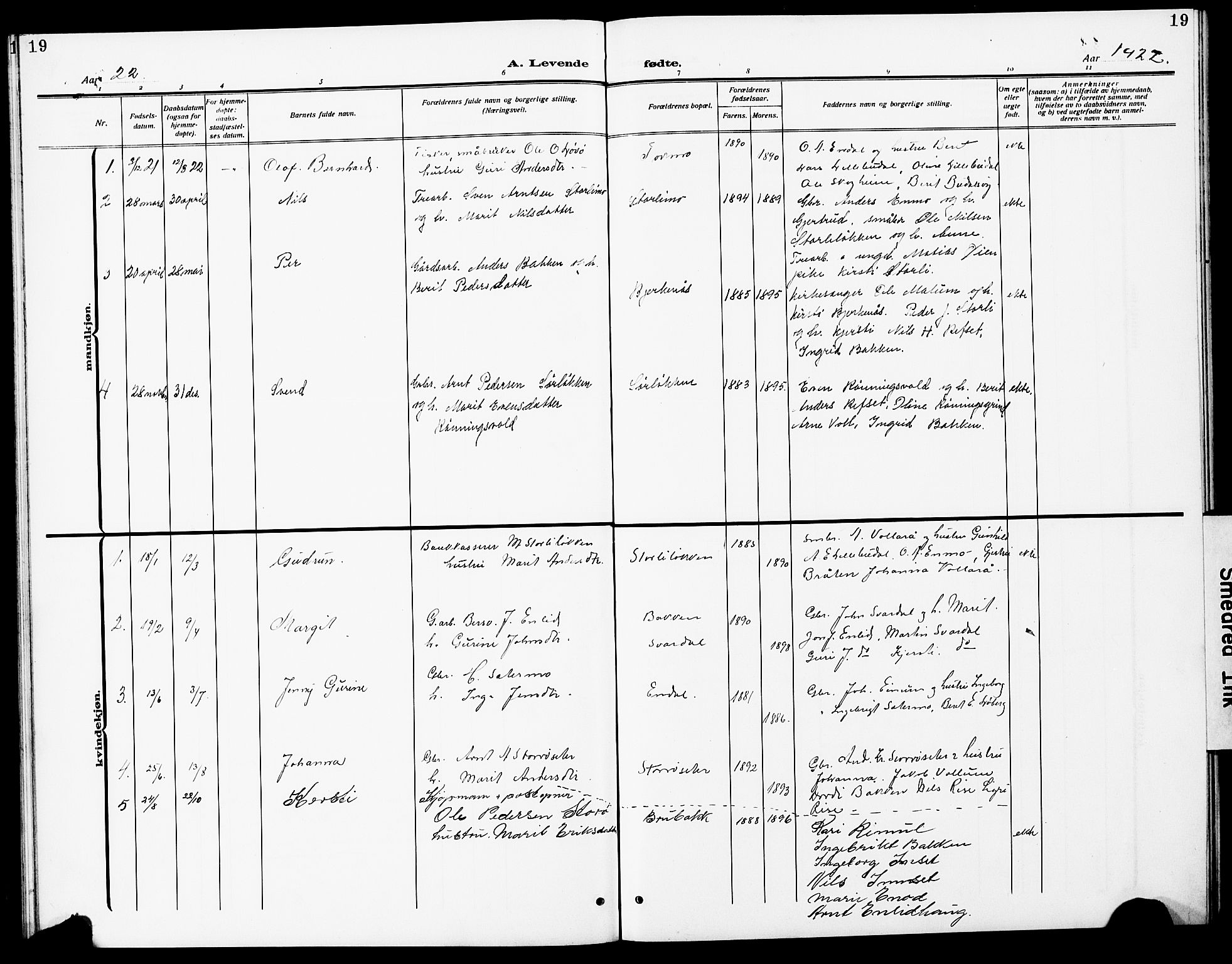 Ministerialprotokoller, klokkerbøker og fødselsregistre - Sør-Trøndelag, SAT/A-1456/690/L1052: Parish register (copy) no. 690C02, 1907-1929, p. 19