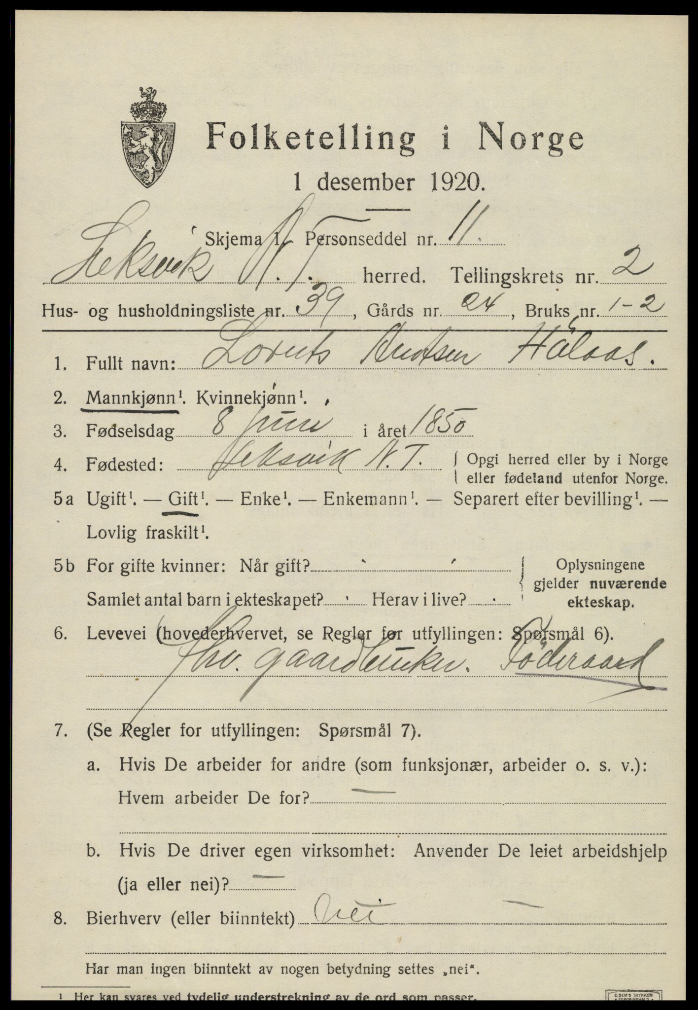 SAT, 1920 census for Leksvik, 1920, p. 2228