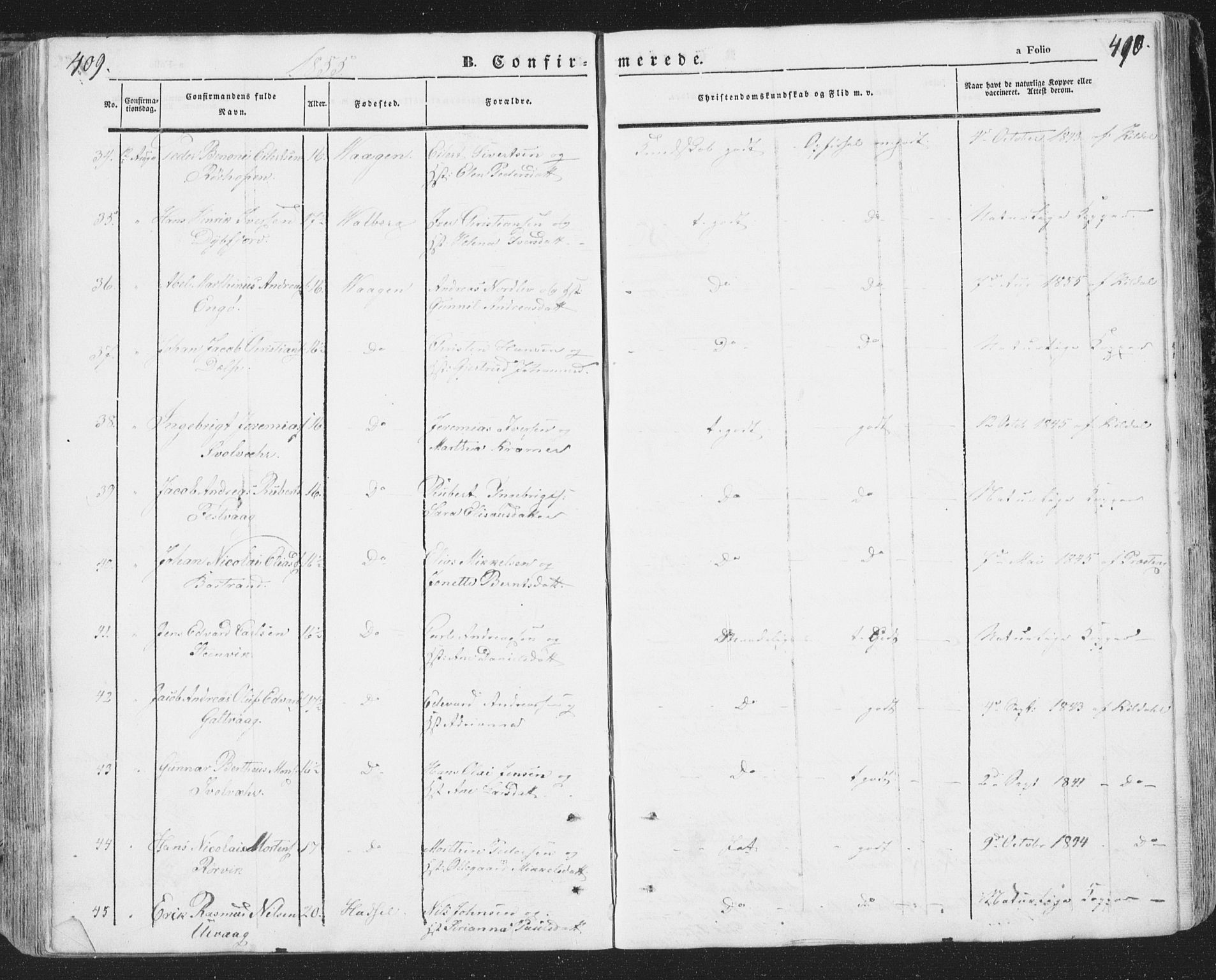Ministerialprotokoller, klokkerbøker og fødselsregistre - Nordland, AV/SAT-A-1459/874/L1072: Parish register (copy) no. 874C01, 1843-1859, p. 409-410