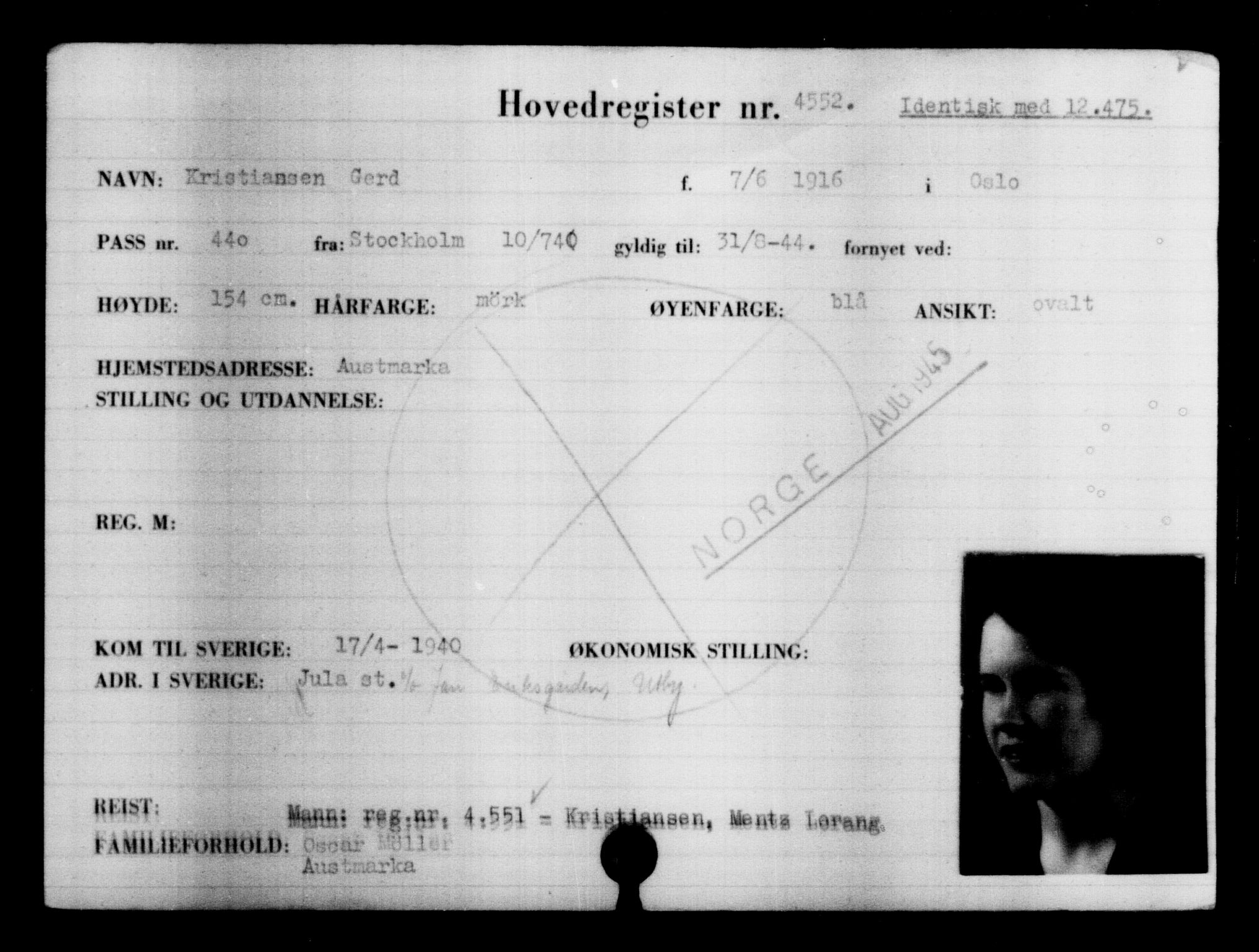 Utenriksstasjonene, Legasjonen i Stockholm, Flyktningkontoret, AV/RA-S-6753/V/Va/L0004: Kjesäterkartoteket, flyktninger med registreringsnr. 3496-6610, 1940-1945, p. 1260