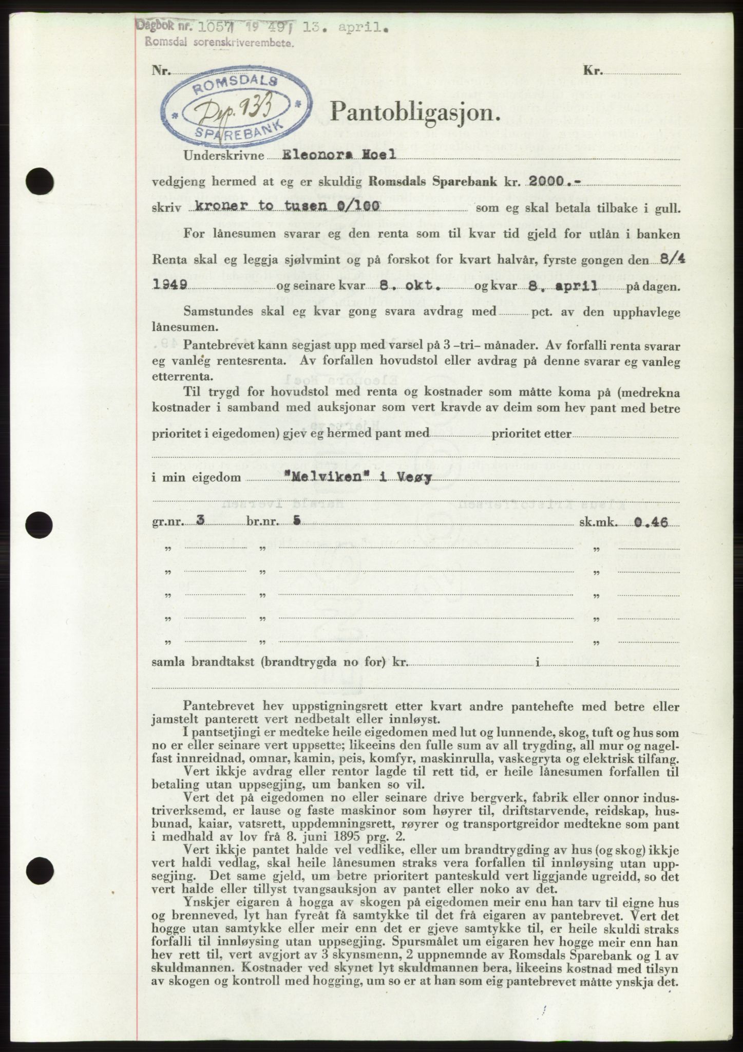 Romsdal sorenskriveri, AV/SAT-A-4149/1/2/2C: Mortgage book no. B4, 1948-1949, Diary no: : 1057/1949