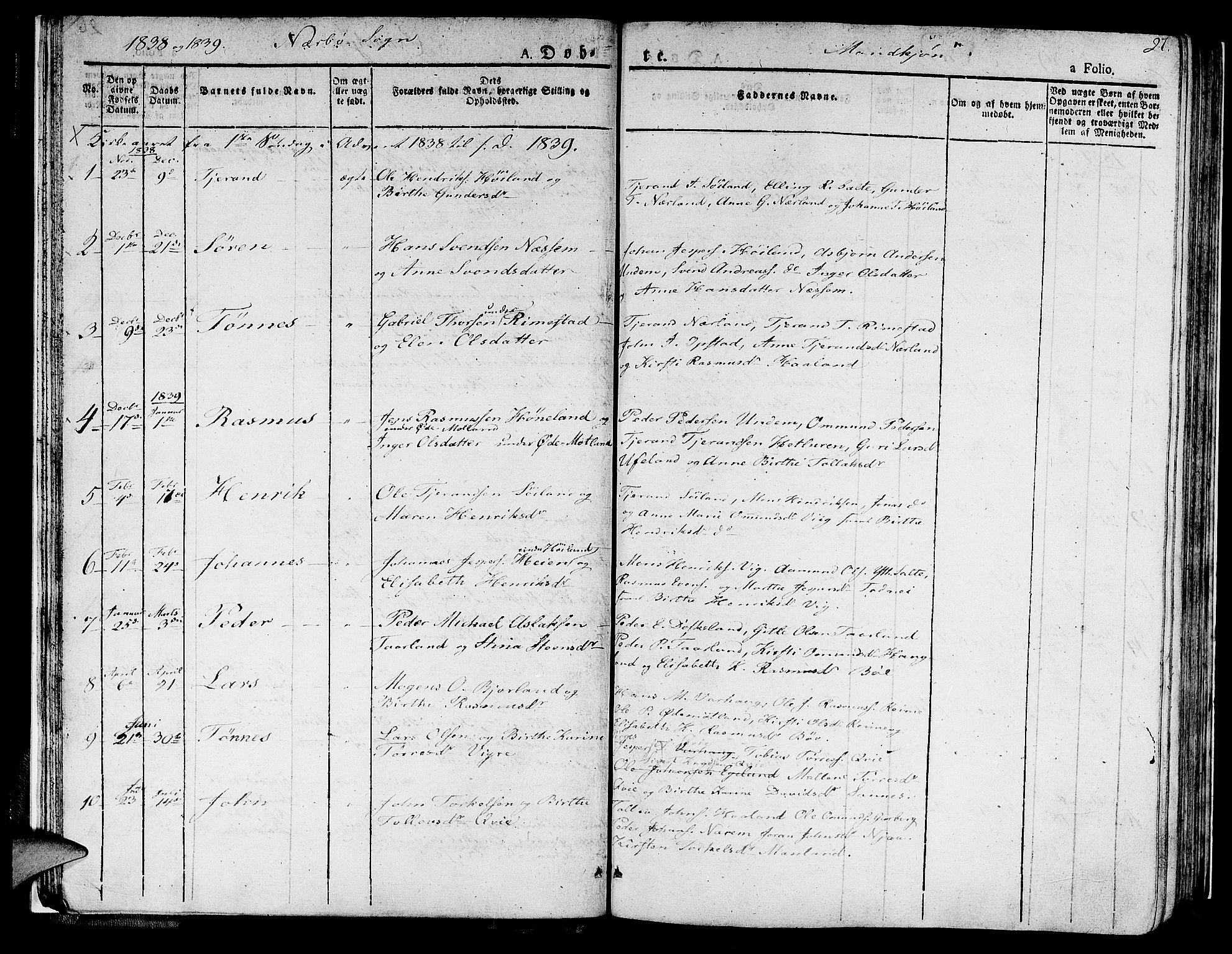 Hå sokneprestkontor, SAST/A-101801/001/30BA/L0004: Parish register (official) no. A 4.1 /1, 1826-1841, p. 27