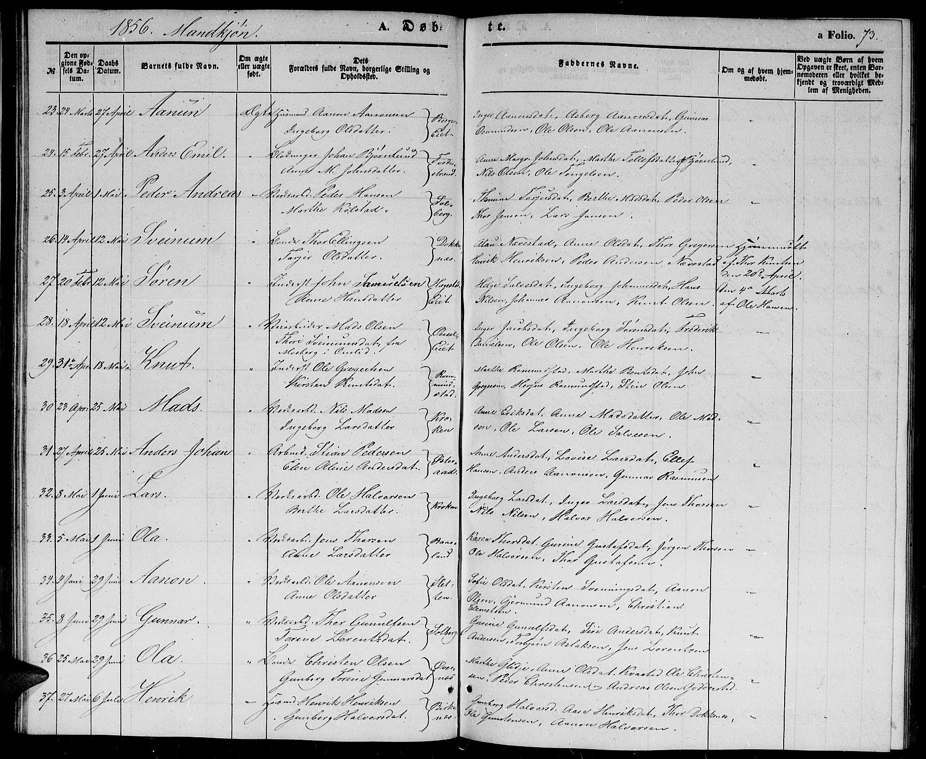 Holt sokneprestkontor, AV/SAK-1111-0021/F/Fb/L0007: Parish register (copy) no. B 7, 1849-1858, p. 73