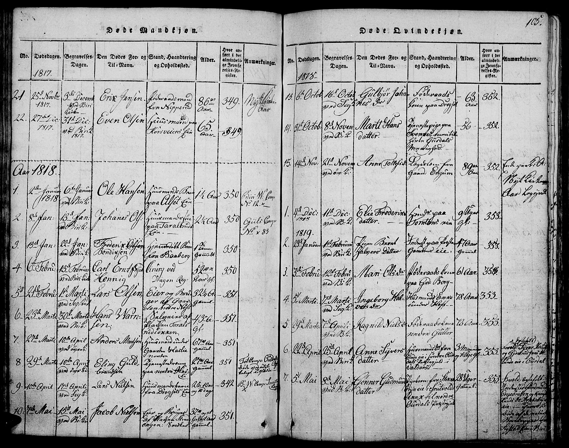Biri prestekontor, SAH/PREST-096/H/Ha/Hab/L0001: Parish register (copy) no. 1, 1814-1828, p. 105
