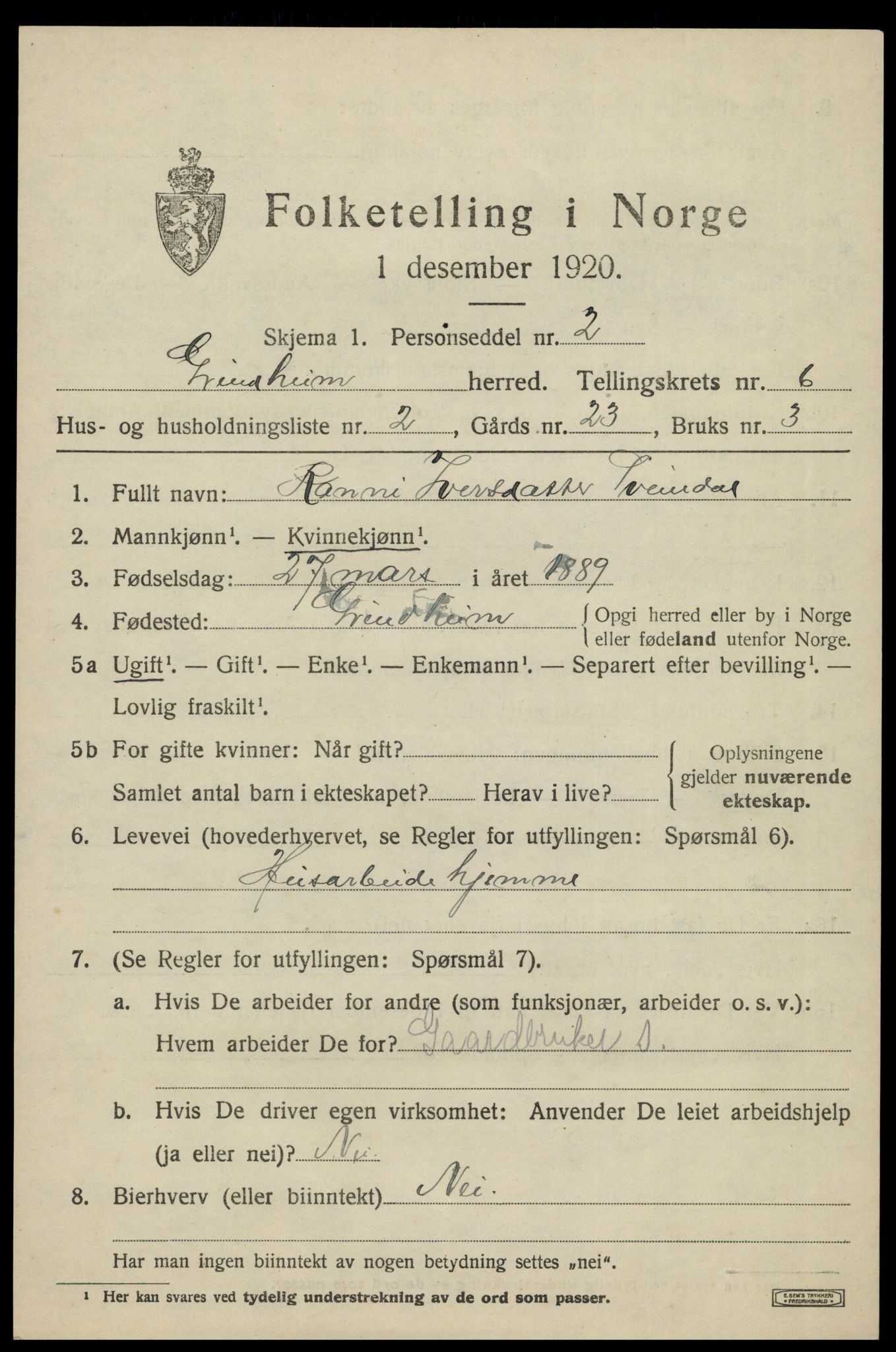 SAK, 1920 census for Grindheim, 1920, p. 1871