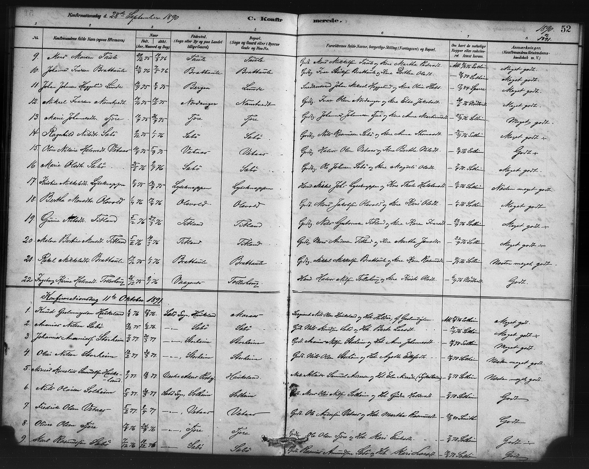 Manger sokneprestembete, SAB/A-76801/H/Haa: Parish register (official) no. D 1, 1881-1892, p. 52