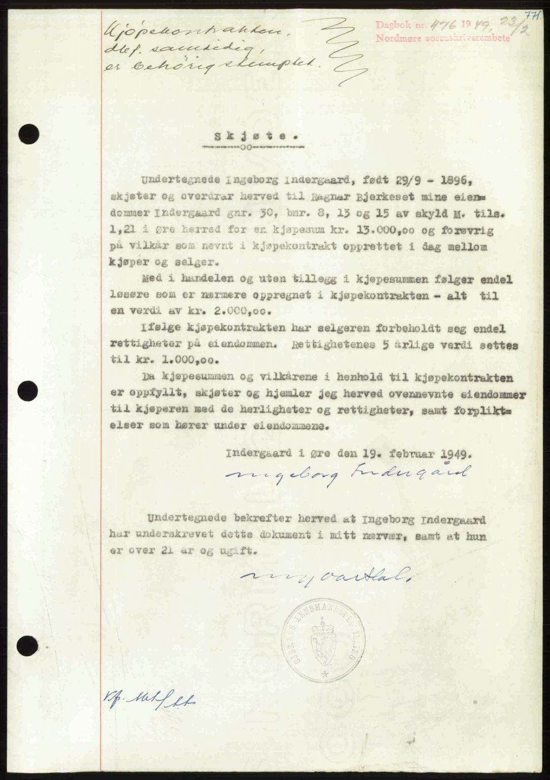 Nordmøre sorenskriveri, AV/SAT-A-4132/1/2/2Ca: Mortgage book no. A110, 1948-1949, Diary no: : 476/1949