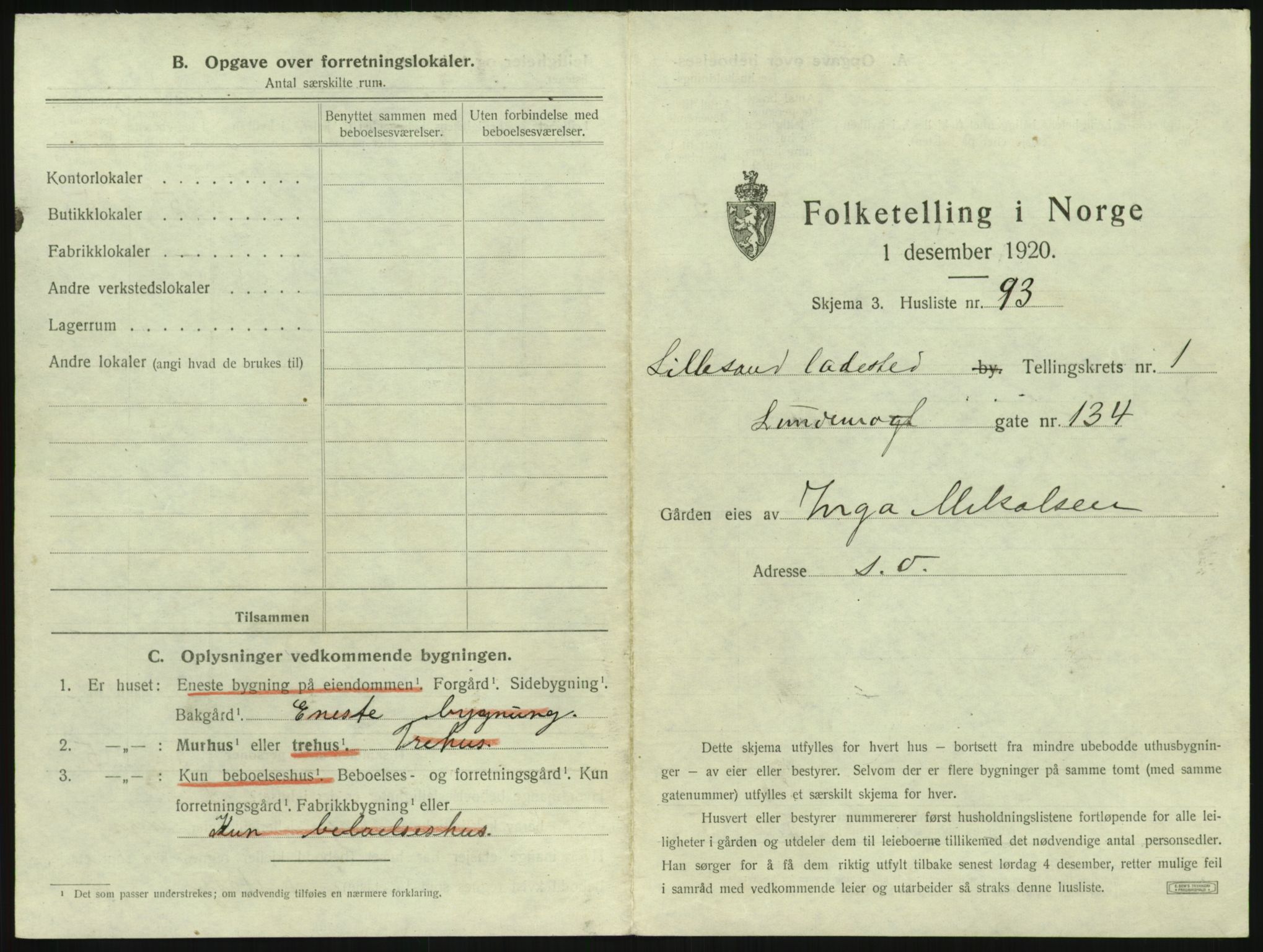 SAK, 1920 census for Lillesand, 1920, p. 215