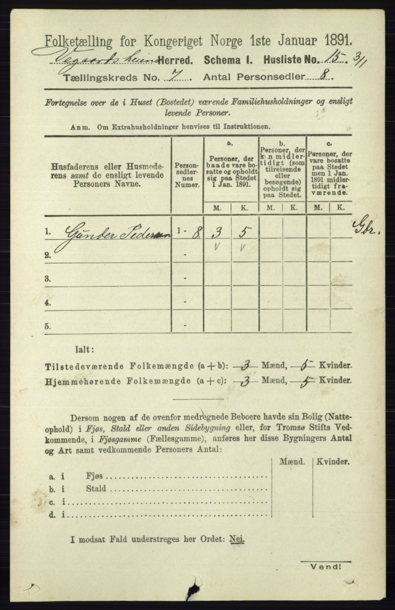 RA, 1891 census for 0912 Vegårshei, 1891, p. 1325