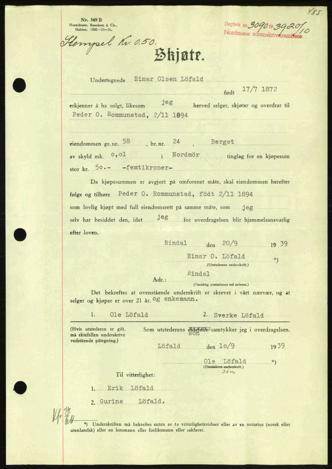 Nordmøre sorenskriveri, AV/SAT-A-4132/1/2/2Ca: Mortgage book no. A87, 1939-1940, Diary no: : 3090/1939