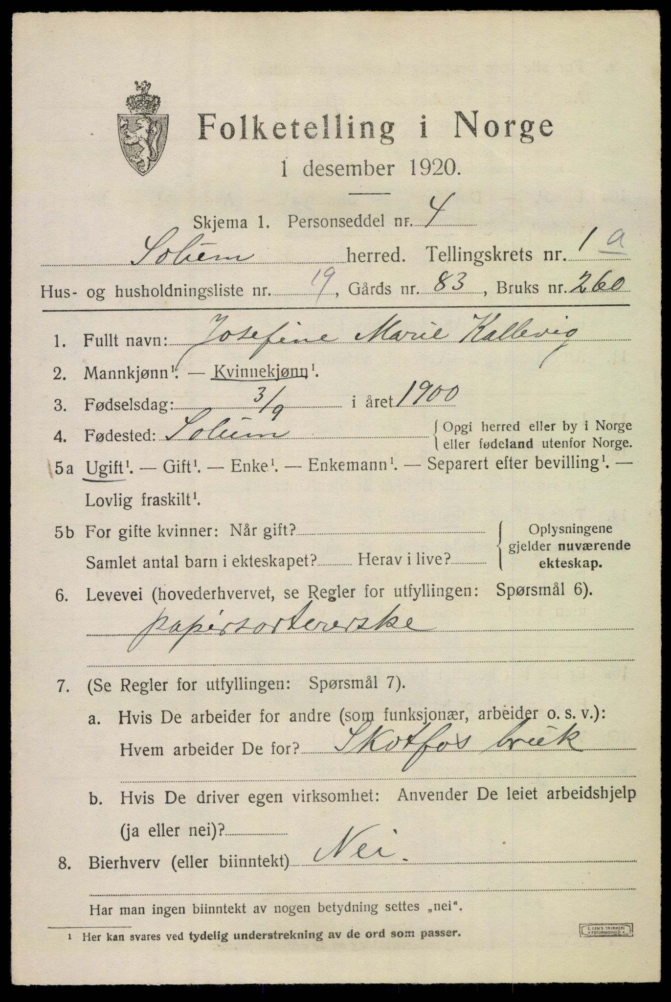 SAKO, 1920 census for Solum, 1920, p. 6988