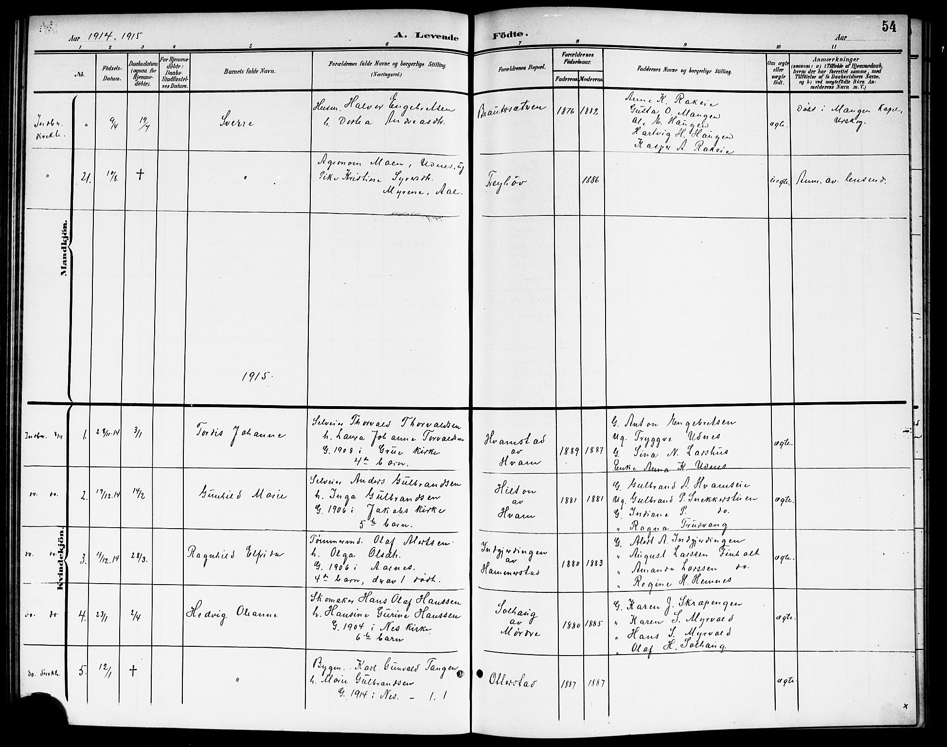 Nes prestekontor Kirkebøker, AV/SAO-A-10410/G/Gb/L0001: Parish register (copy) no. II 1, 1901-1917, p. 54