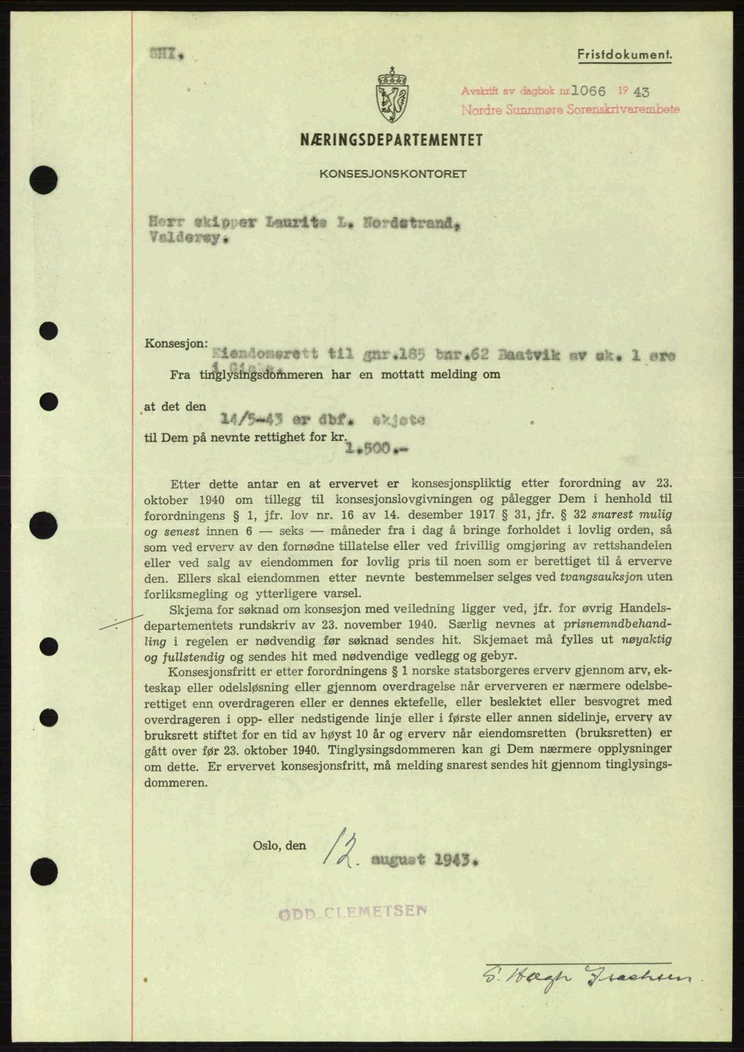 Nordre Sunnmøre sorenskriveri, SAT/A-0006/1/2/2C/2Ca: Mortgage book no. B6-14 a, 1942-1945, Diary no: : 1066/1943