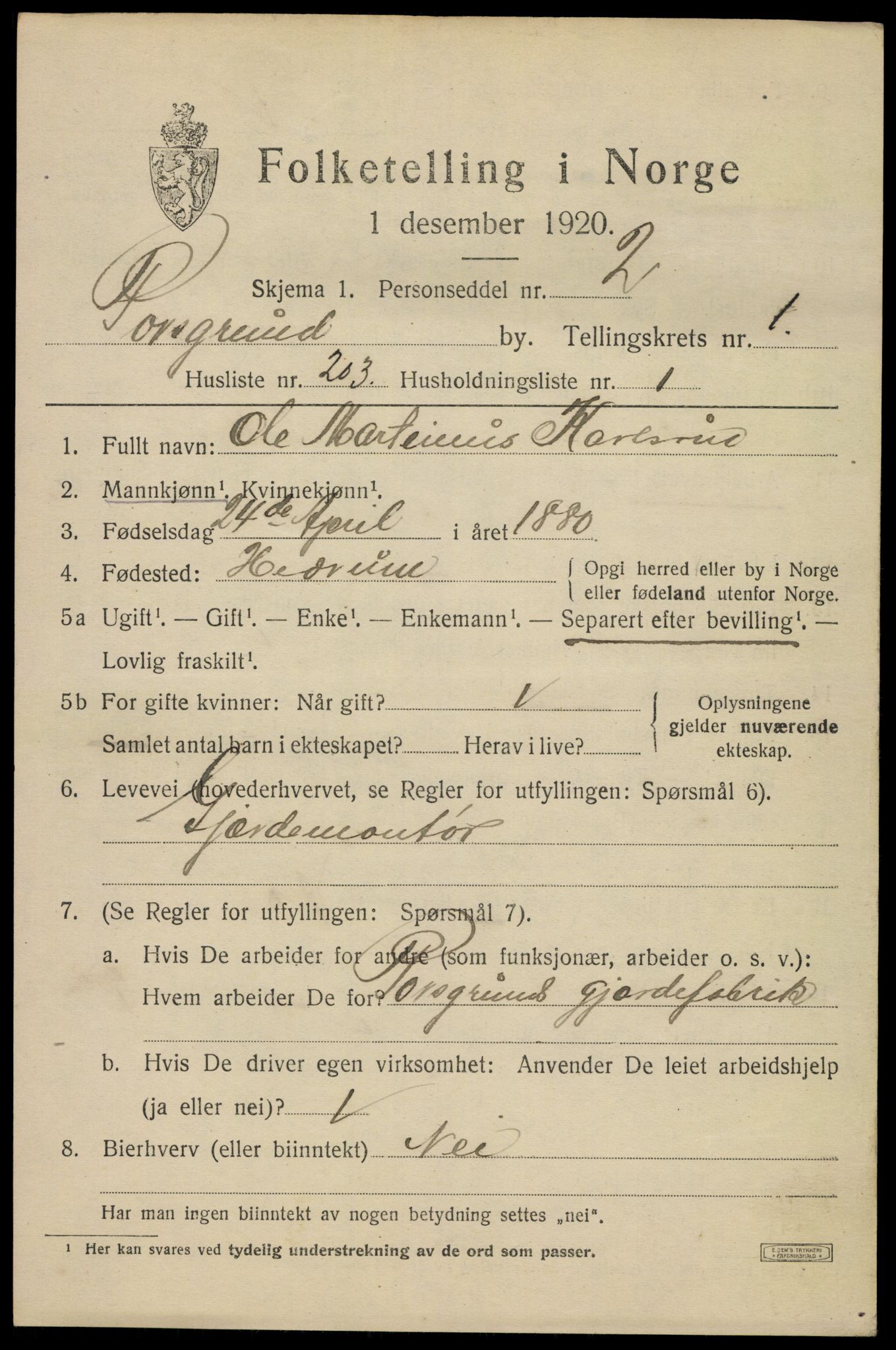 SAKO, 1920 census for Porsgrunn, 1920, p. 9443