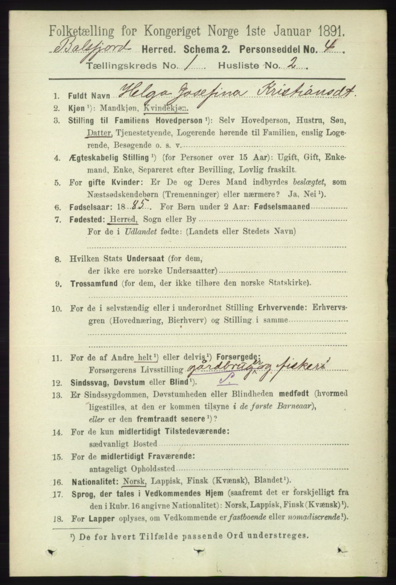 RA, 1891 census for 1933 Balsfjord, 1891, p. 84