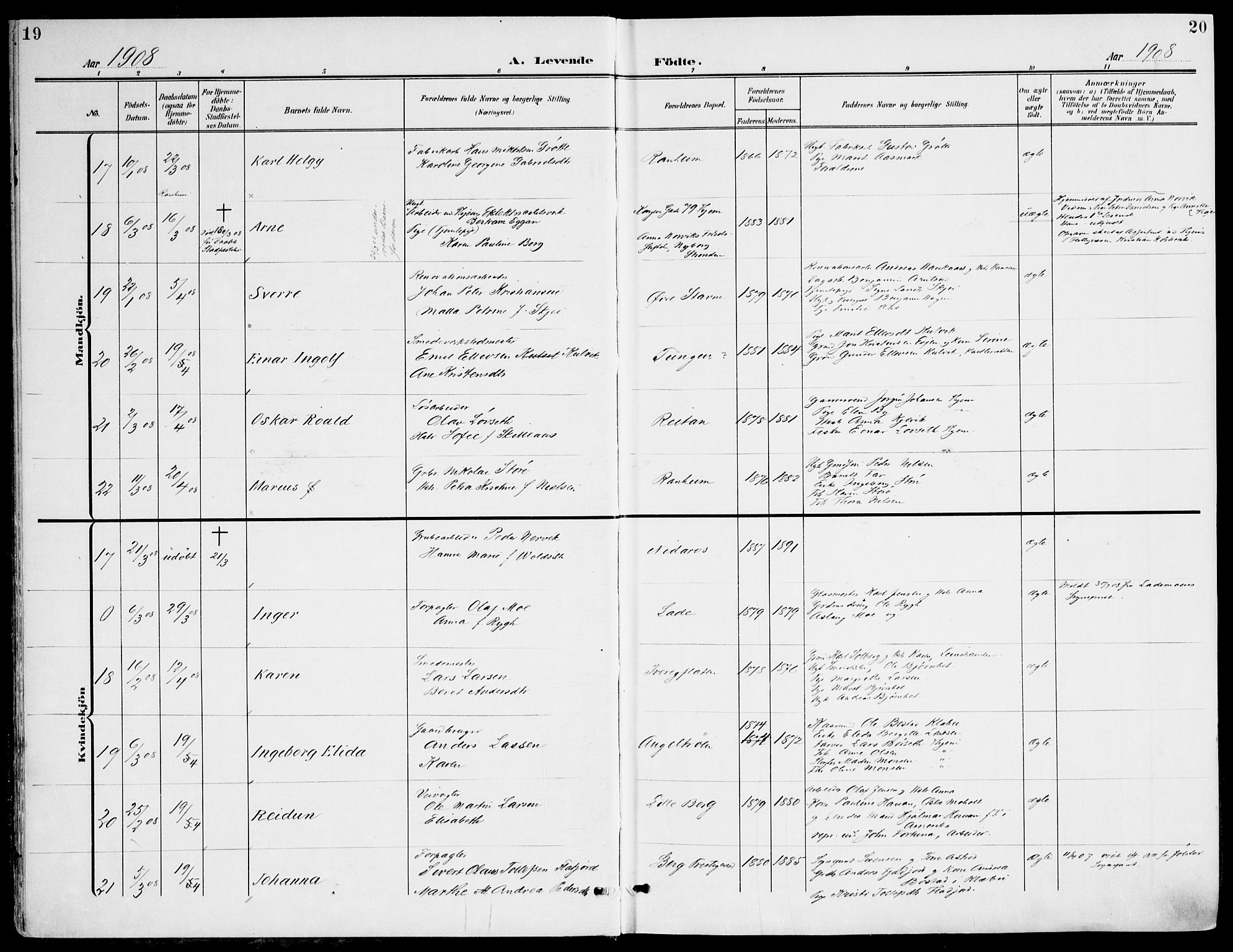 Ministerialprotokoller, klokkerbøker og fødselsregistre - Sør-Trøndelag, AV/SAT-A-1456/607/L0320: Parish register (official) no. 607A04, 1907-1915, p. 19-20