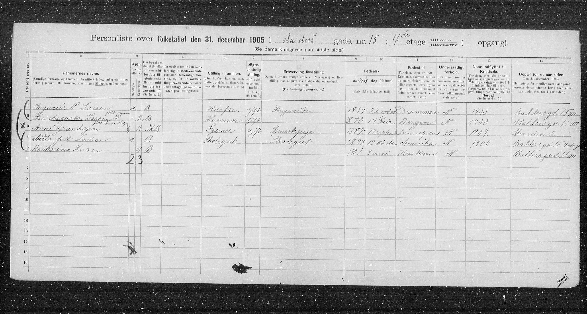 OBA, Municipal Census 1905 for Kristiania, 1905, p. 1699