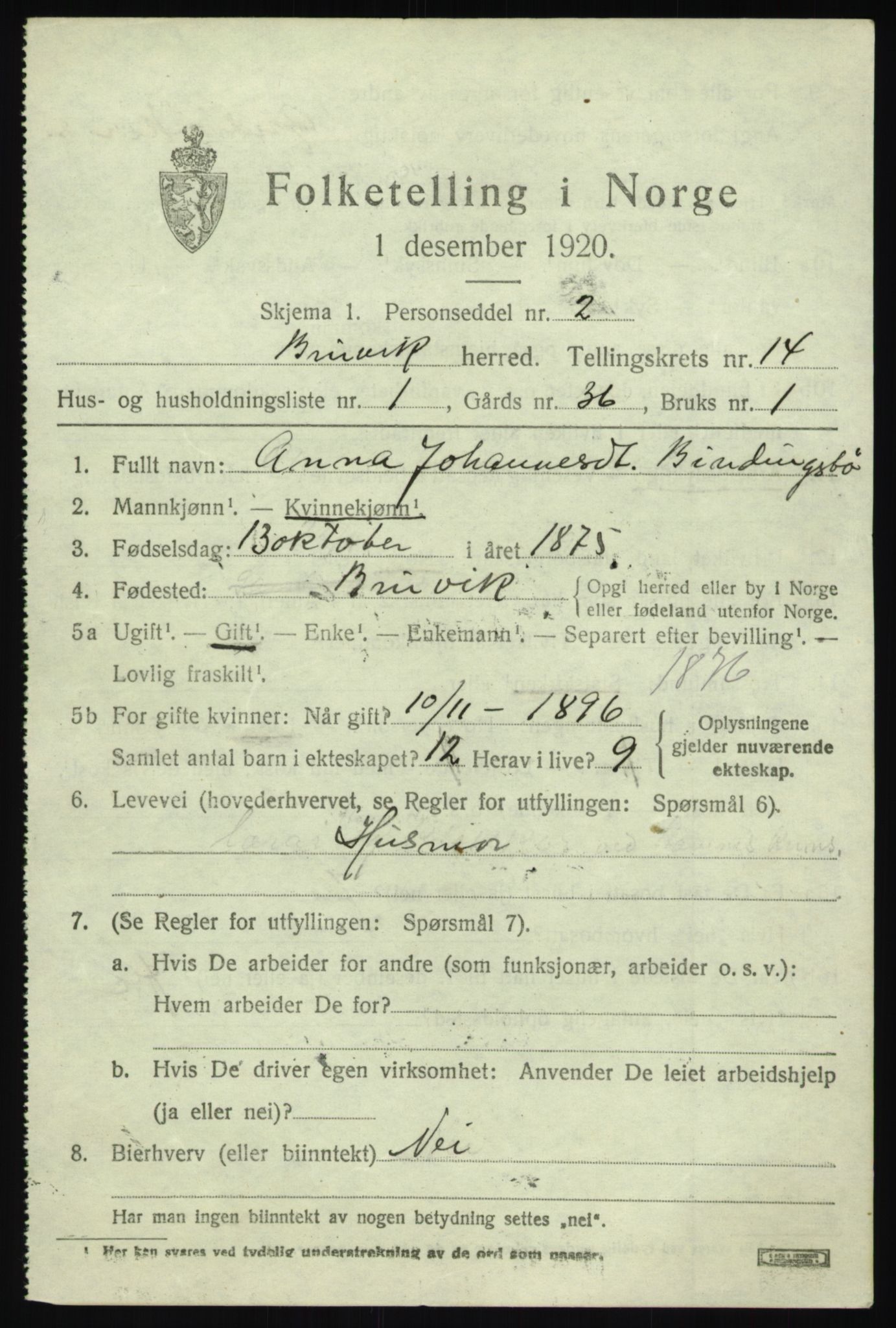 SAB, 1920 census for Bruvik, 1920, p. 8520