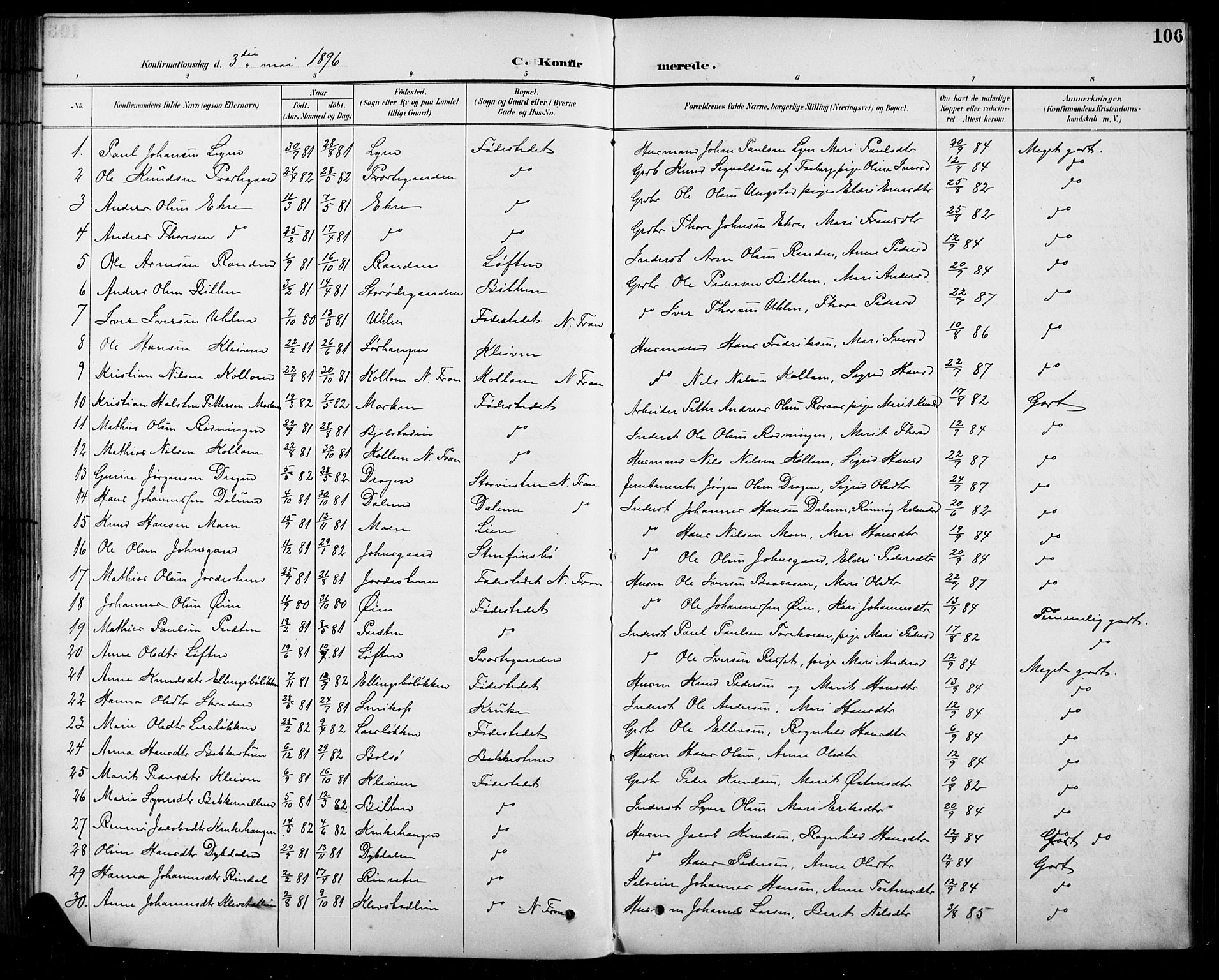 Sel prestekontor, SAH/PREST-074/H/Ha/Hab/L0005: Parish register (copy) no. 5, 1894-1923, p. 106