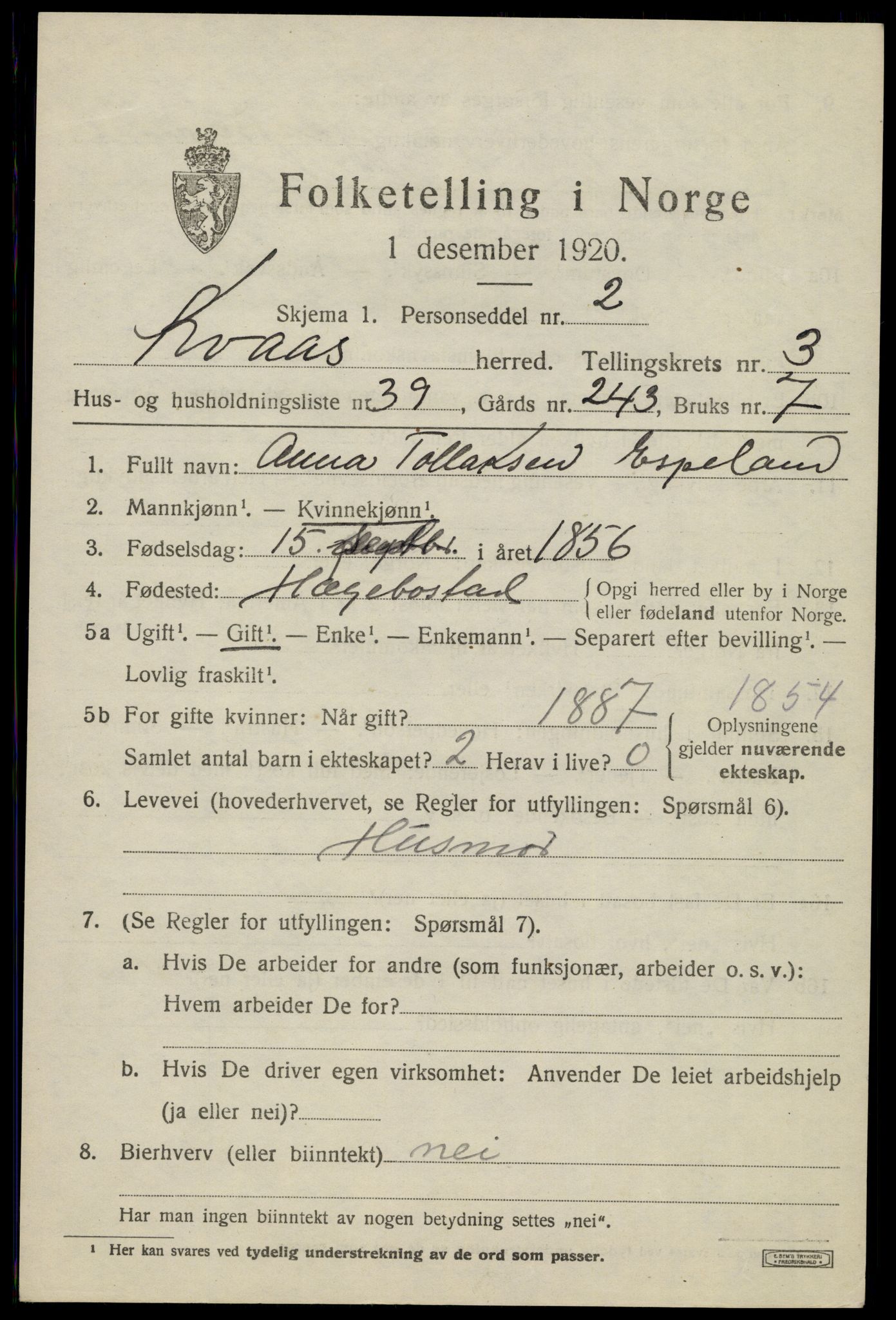 SAK, 1920 census for Kvås, 1920, p. 1170