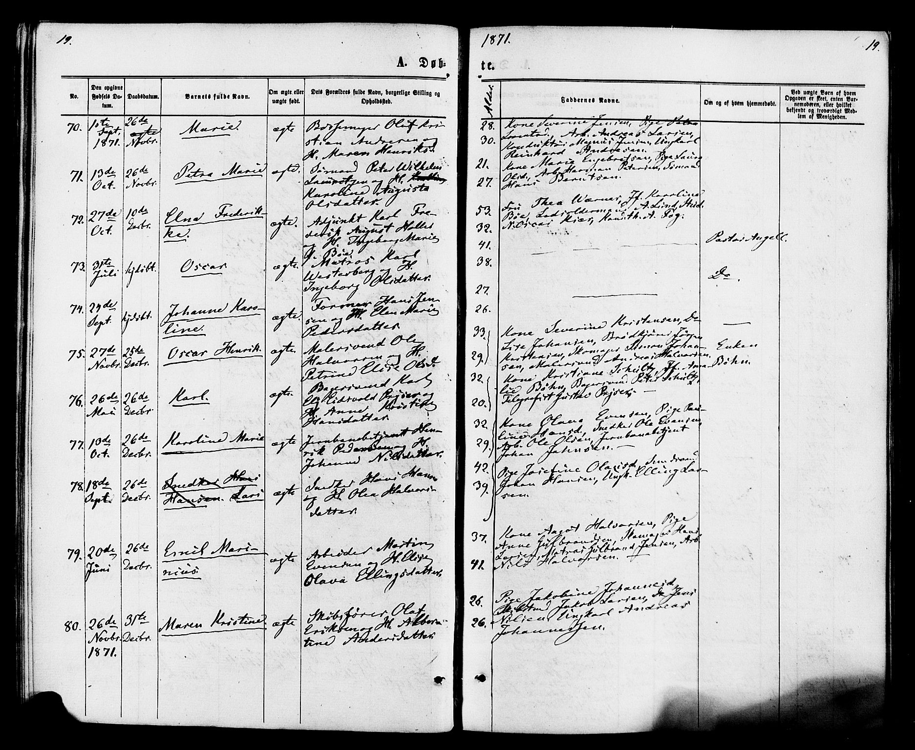 Strømsø kirkebøker, AV/SAKO-A-246/F/Fa/L0020: Parish register (official) no. I 20, 1870-1878, p. 19