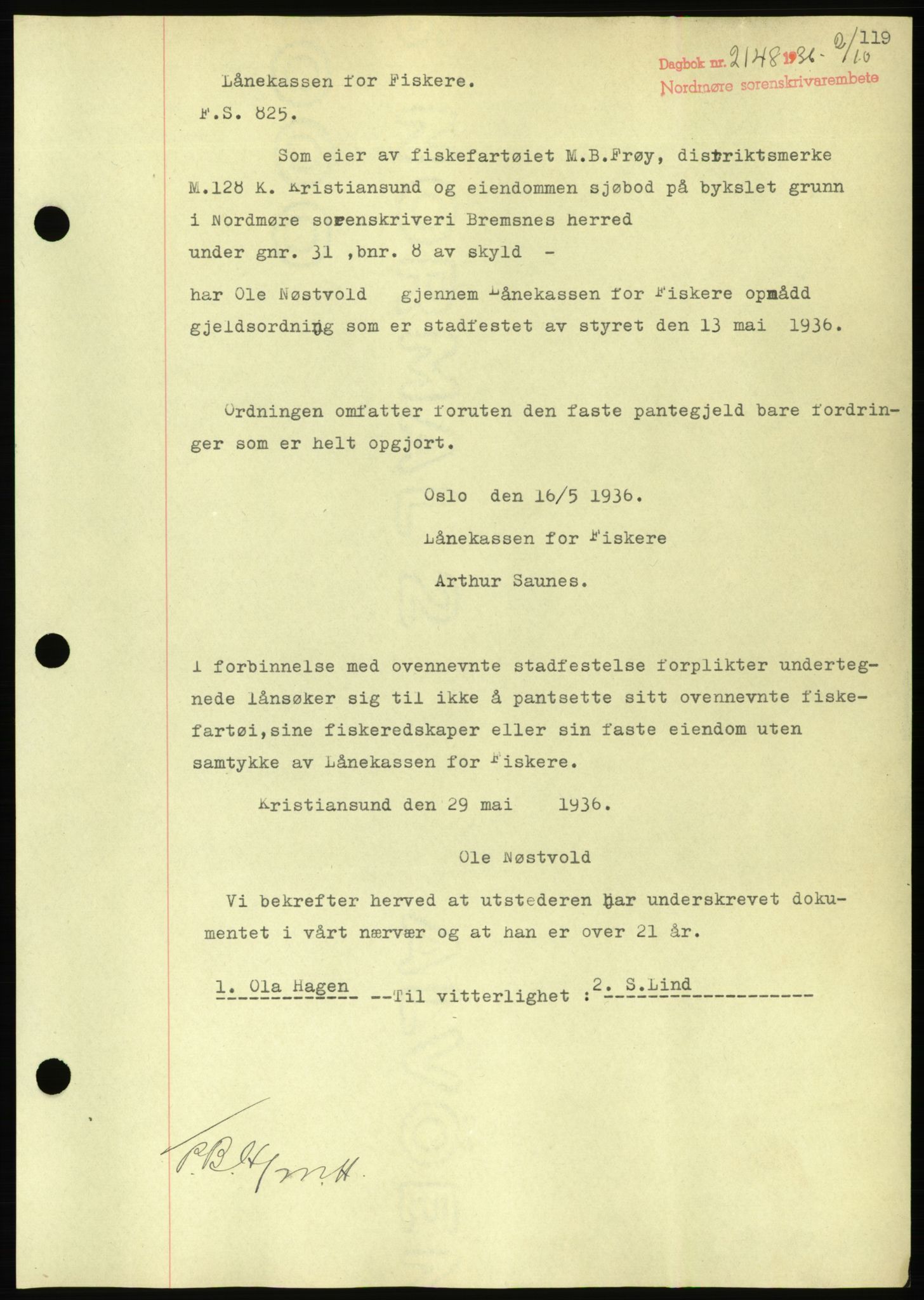 Nordmøre sorenskriveri, AV/SAT-A-4132/1/2/2Ca/L0090: Mortgage book no. B80, 1936-1937, Diary no: : 2148/1936