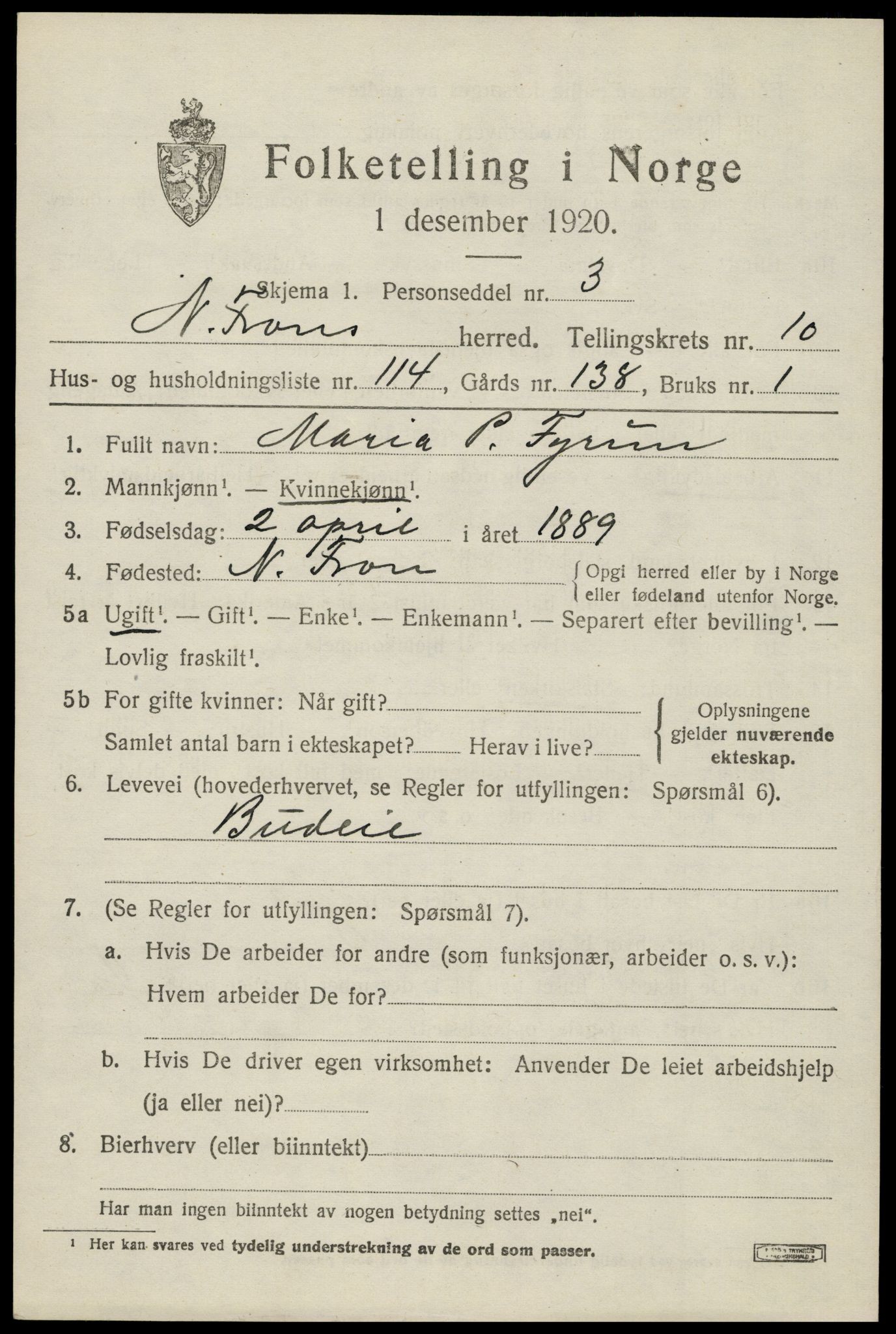 SAH, 1920 census for Nord-Fron, 1920, p. 9384