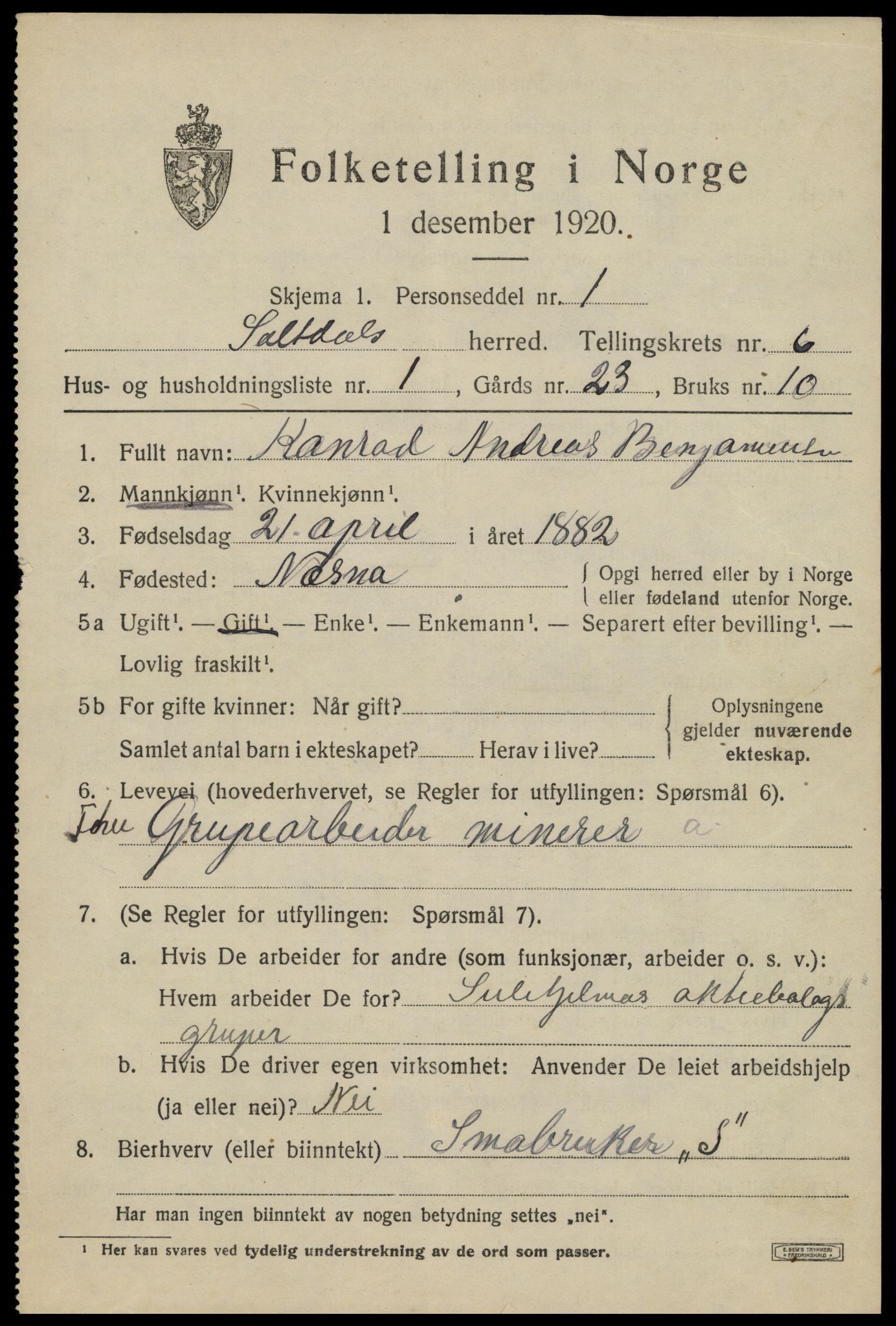 SAT, 1920 census for Saltdal, 1920, p. 7345