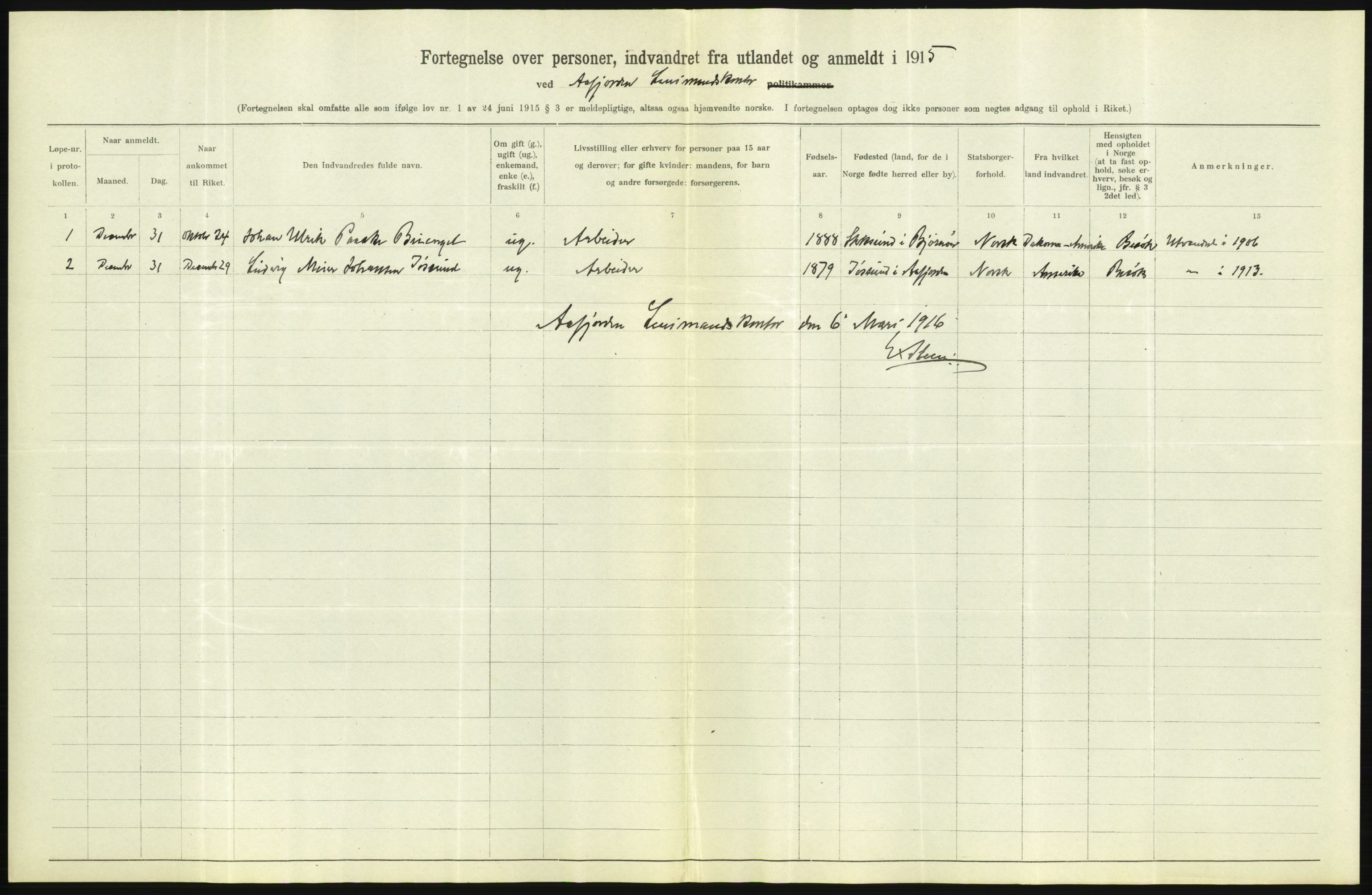 Statistisk sentralbyrå, Sosioøkonomiske emner, Folketellinger, boliger og boforhold, AV/RA-S-2231/F/Fa/L0001: Innvandring. Navn/fylkesvis, 1915, p. 500