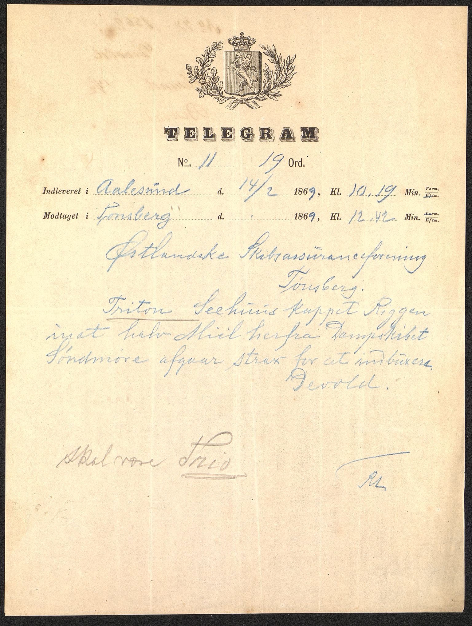 Pa 63 - Østlandske skibsassuranceforening, VEMU/A-1079/G/Ga/L0002/0005: Havaridokumenter / Trio, 1869