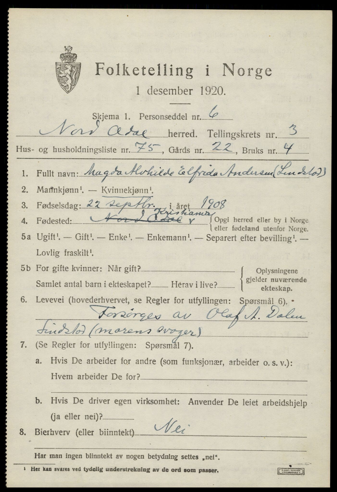 SAH, 1920 census for Nord-Odal, 1920, p. 4643