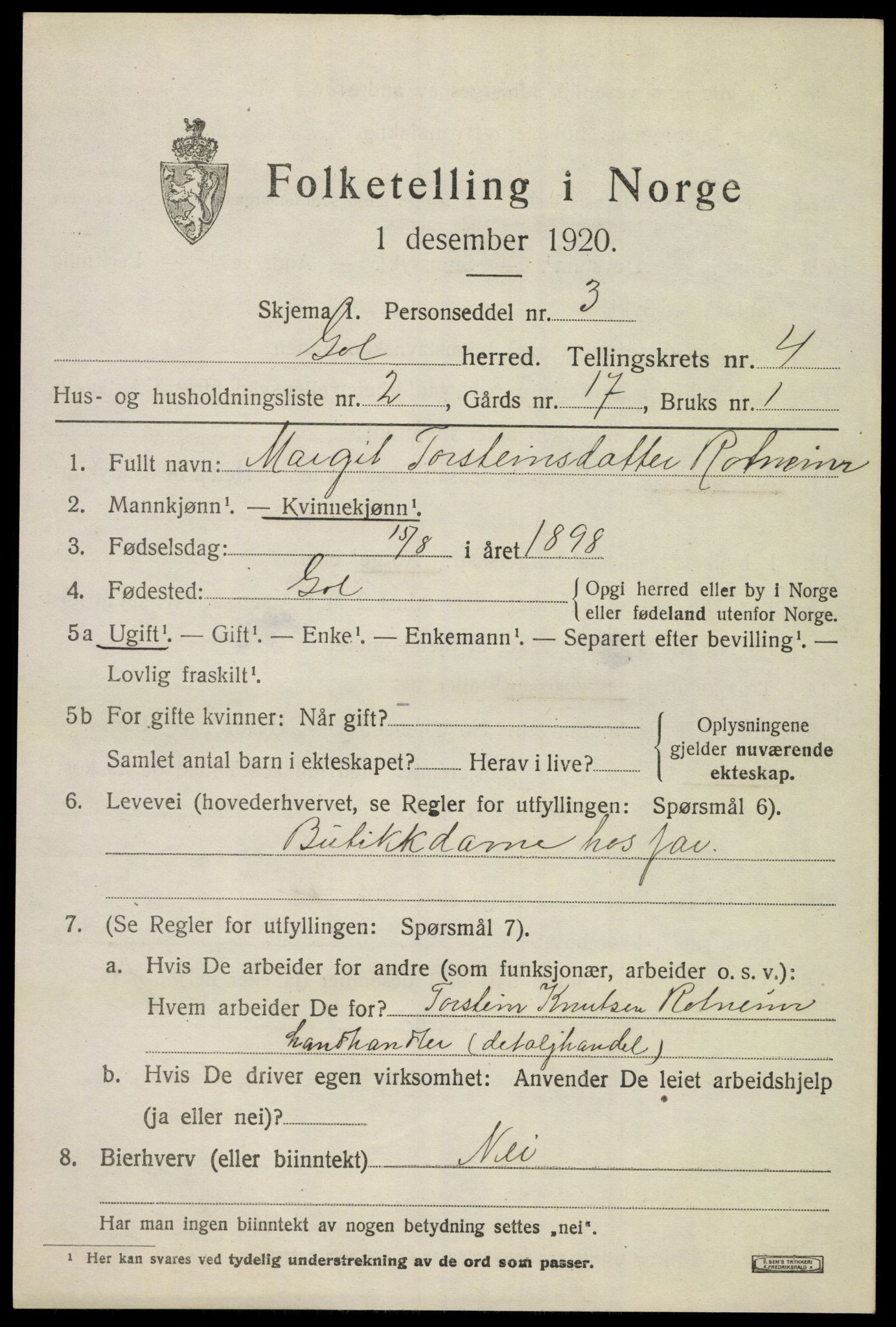 SAKO, 1920 census for Gol, 1920, p. 2746