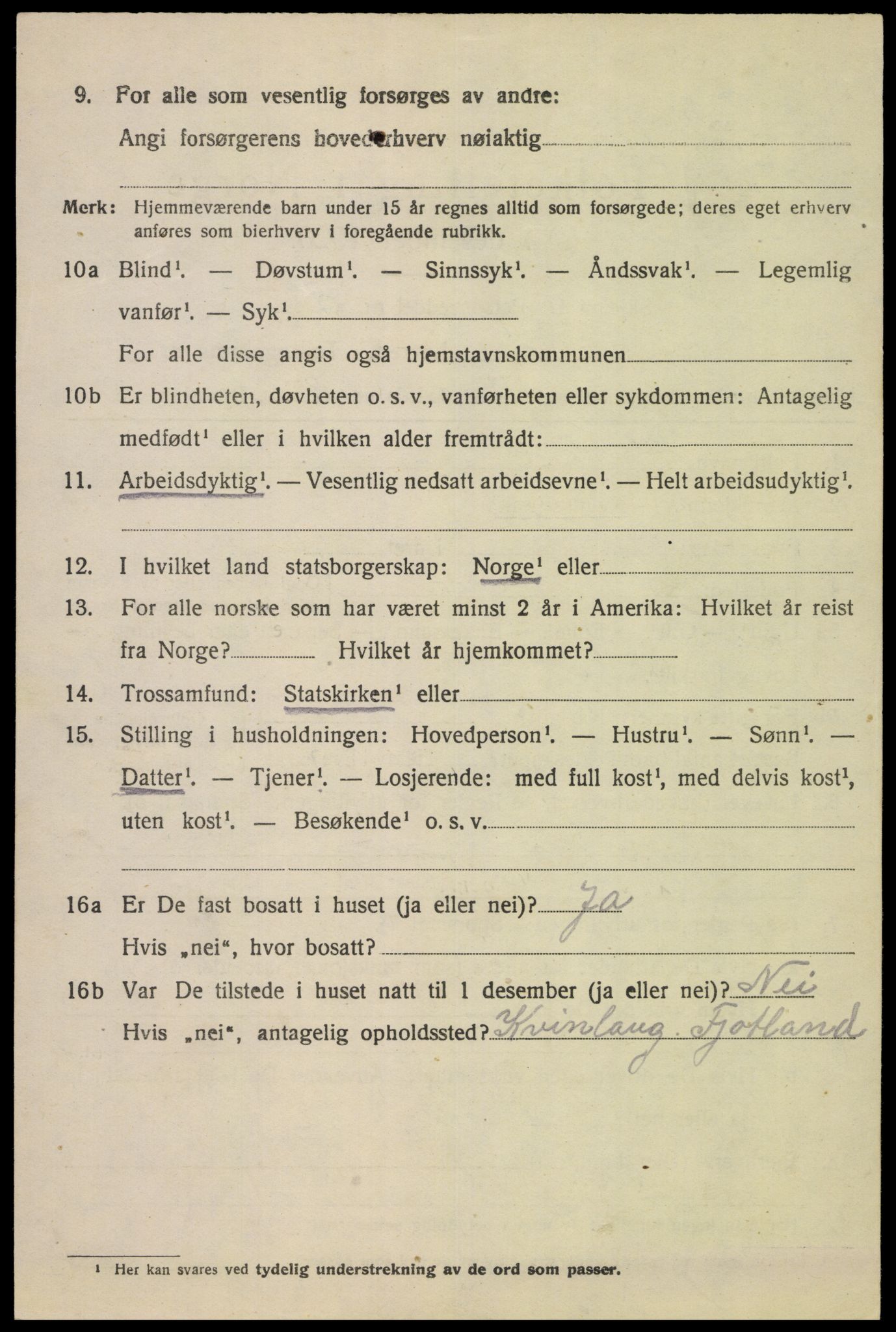 SAK, 1920 census for Fjotland, 1920, p. 885