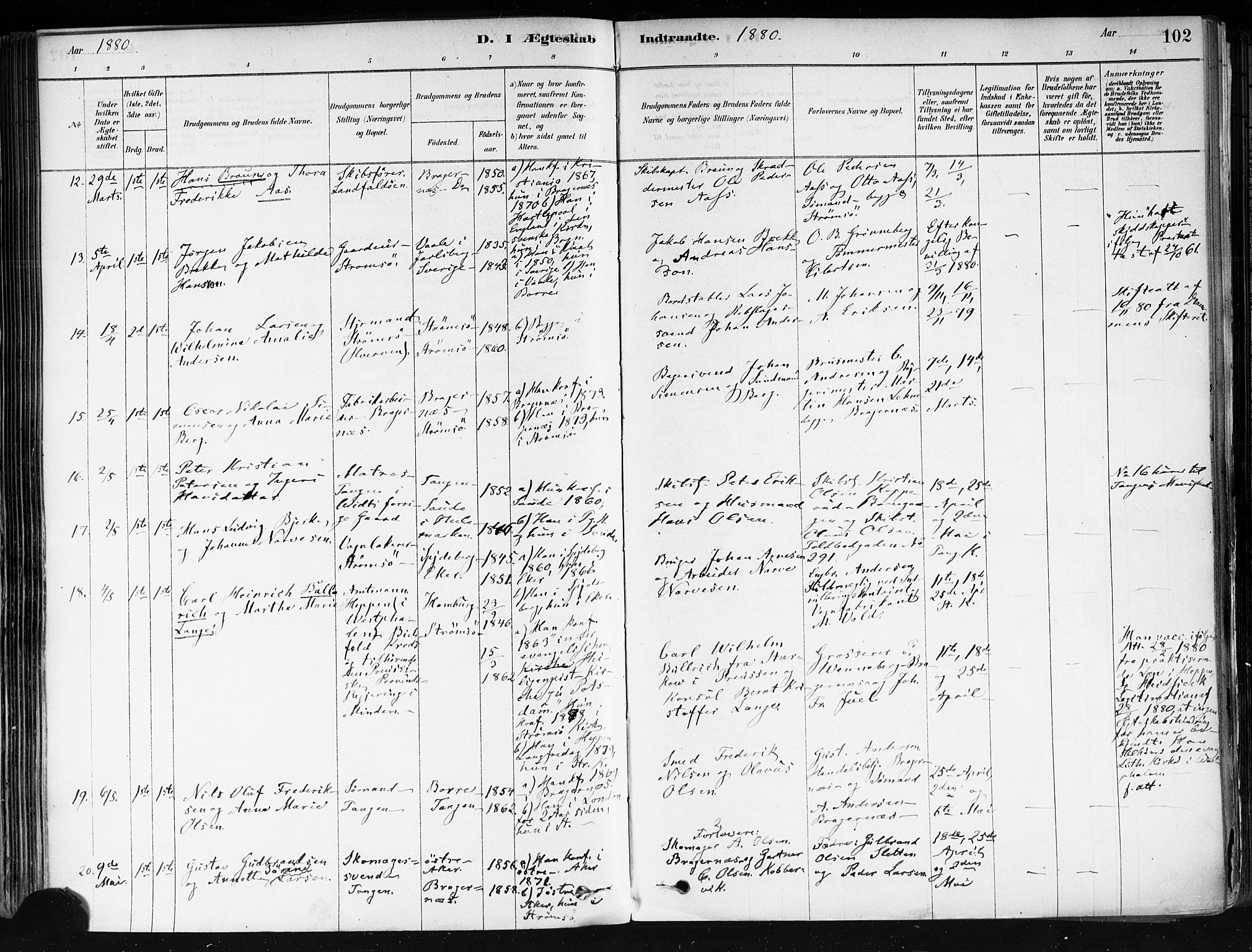 Strømsø kirkebøker, AV/SAKO-A-246/F/Fa/L0022: Parish register (official) no. I 22, 1879-1899, p. 102