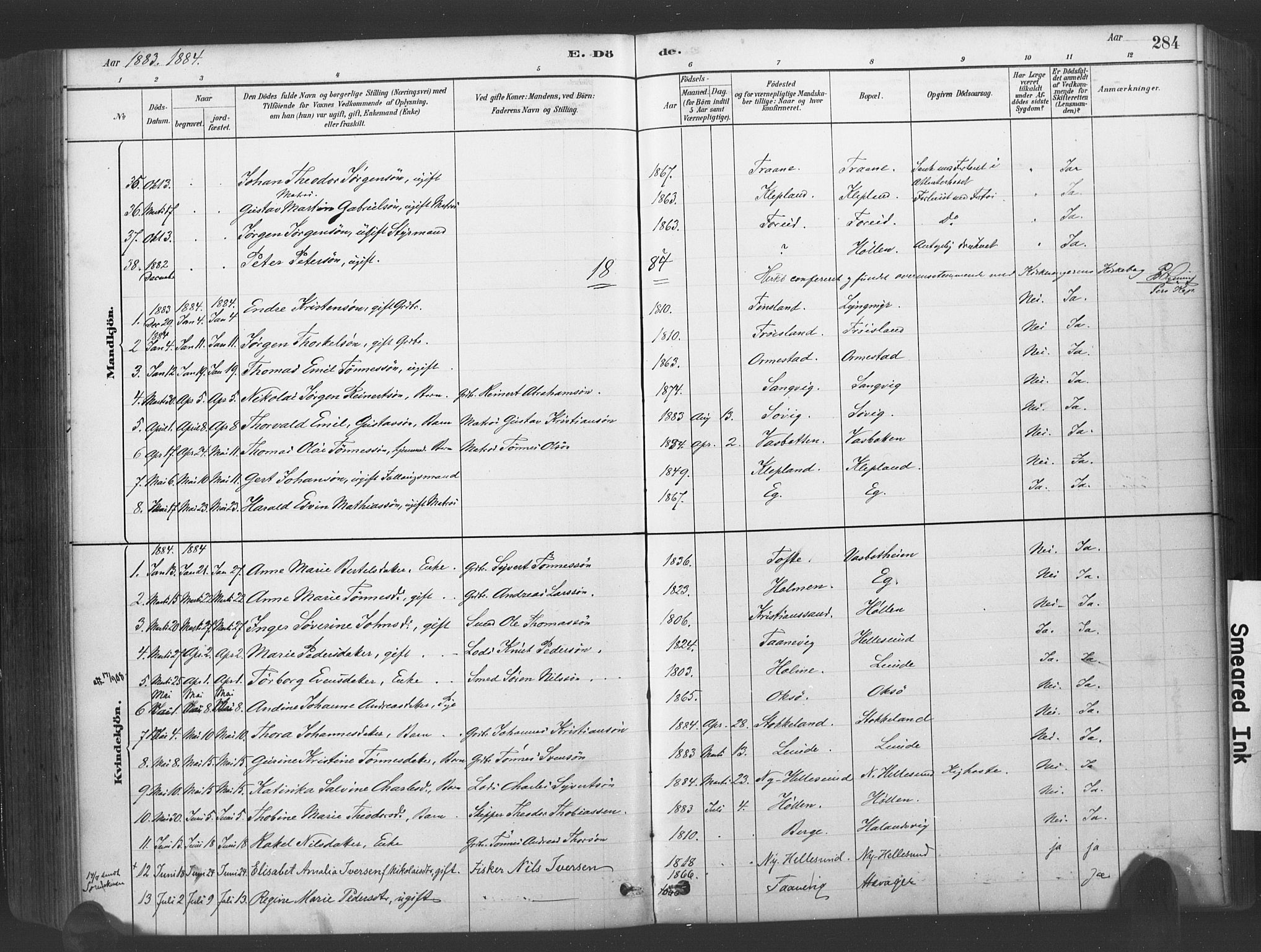 Søgne sokneprestkontor, SAK/1111-0037/F/Fa/Fab/L0012: Parish register (official) no. A 12, 1880-1891, p. 284