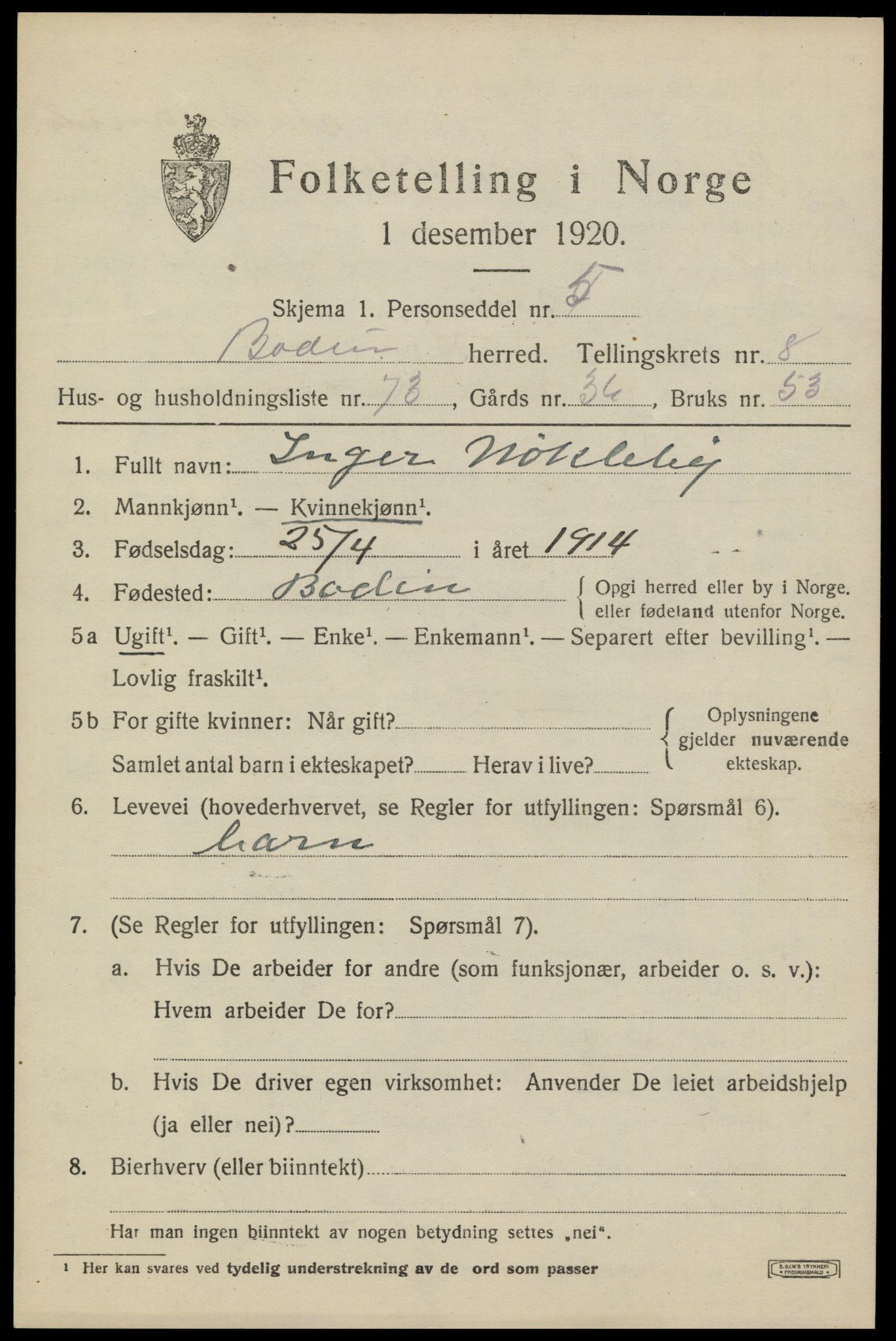 SAT, 1920 census for Bodin, 1920, p. 6870